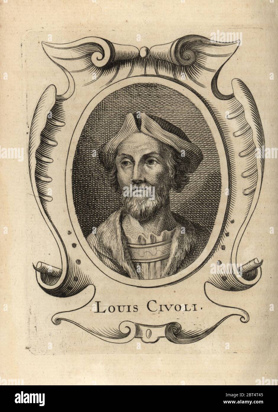 Portrait de Lodovico Cardi ou il Cigoli, peintre italien et architecte du dernier Manneriste et du début de la période baroque, 1559-1613. Louis Civoli. Gravure sur plaque de copperplate d'Antoine-Joseph Dezallier dArgenvilles Abrege de la vie des plus fameux peintres, vie des artistes les plus célèbres, de Bure Laine, Paris, 1762. Banque D'Images