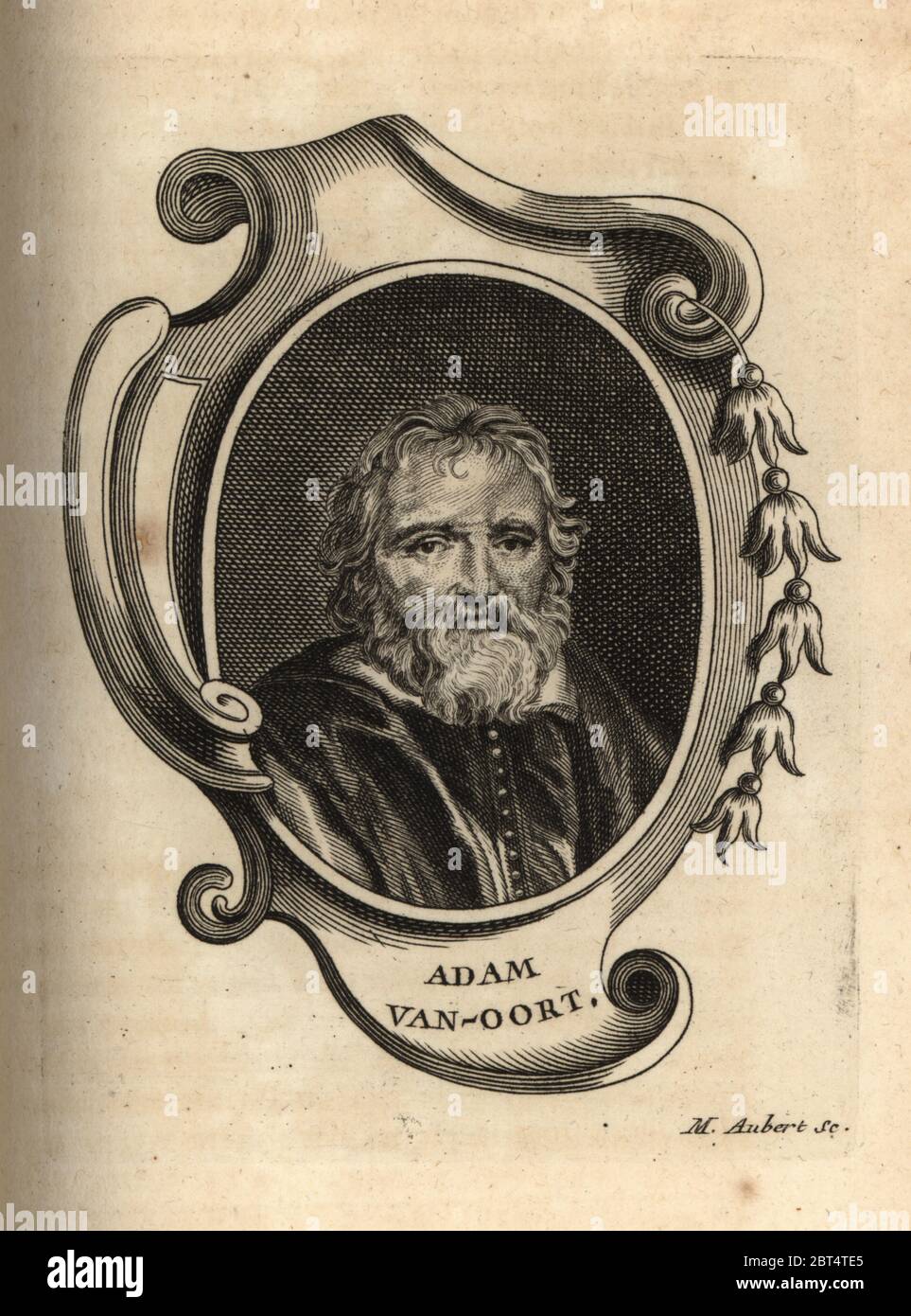 Portrait d'Adam van Noort, peintre flamand et dessinateur 1561-1641. Adam Van-Oort. Gravure de la plaque de copperplate par M. Aubert après un portrait de Jacob Jordaens d'Antoine-Joseph Dezallier dArgenvilles Abrege de la vie des plus fameux peintres, vie des artistes les plus célèbres, de Bure Laine, Paris, 1762. Banque D'Images
