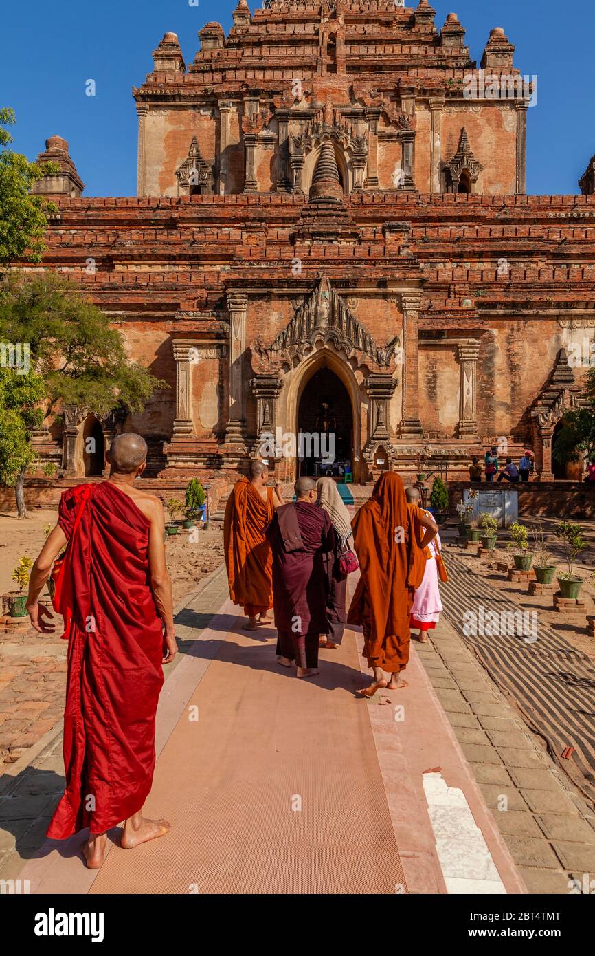 Un groupe de moines bouddhistes au Temple Sulamani, Bagan, région de Mandalay, Myanmar. Banque D'Images