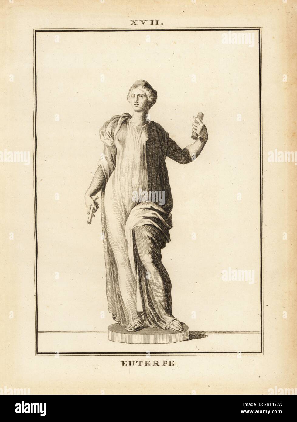 Statue de l'Euterpe, muse de la musique dans la mythologie grecque. La gravure sur cuivre par David Francois-Anne de musée de Florence, ou Collection des pierres Gravees, statues, médailles, Chez F.A. David, Paris, 1787. David (1741-1824) a appelé et gravé les illustrations sur la base de statues romaines, médailles et pierres gravées dans la collection du musée de Florence et le cabinet de curiosités du Grand-duc de Toscane. Banque D'Images