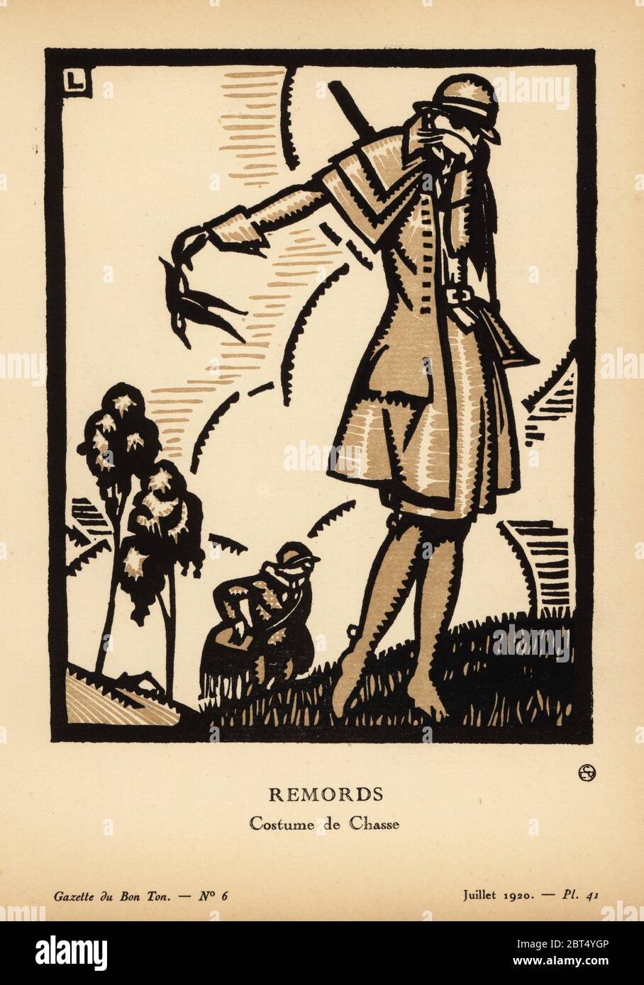 Femme en tenue de chasse avec fusil et oiseau mort. Elle porte un manteau  de grenouille sur une jupe de buroussa, des bottes de calfskin.  Recommandations. Costume de chasse. Il est composé