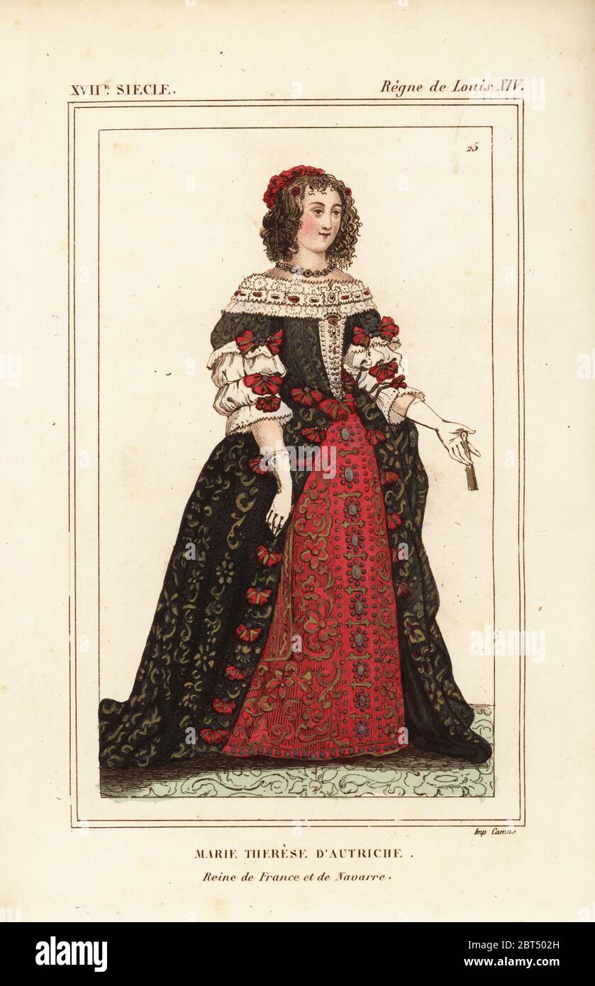 Maria Theresa d'Espagne, épouse du roi Louis XIV, 1638-1683. Marie Thérèse d'Autriche, Reine de France et de Navarre. Lithographie de couleur main après un portrait dans le portfolio de la galerie de Roger de Gainières X 52 du Bibliophile Jacob aka costumes de Paul Lacroix historiques de la France, Administration de Librairie, Paris, 1852. Banque D'Images