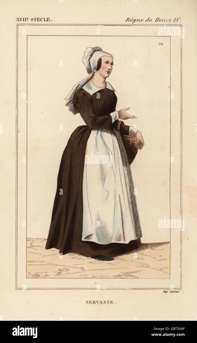 Costume de servante francaise regne du roi Henri IV. Lithographie coloriee apres une impression a partir de 1602 Le Bibliophile Jacob aka Paul Lacroix Costumes historiques de la France Costumes histor...