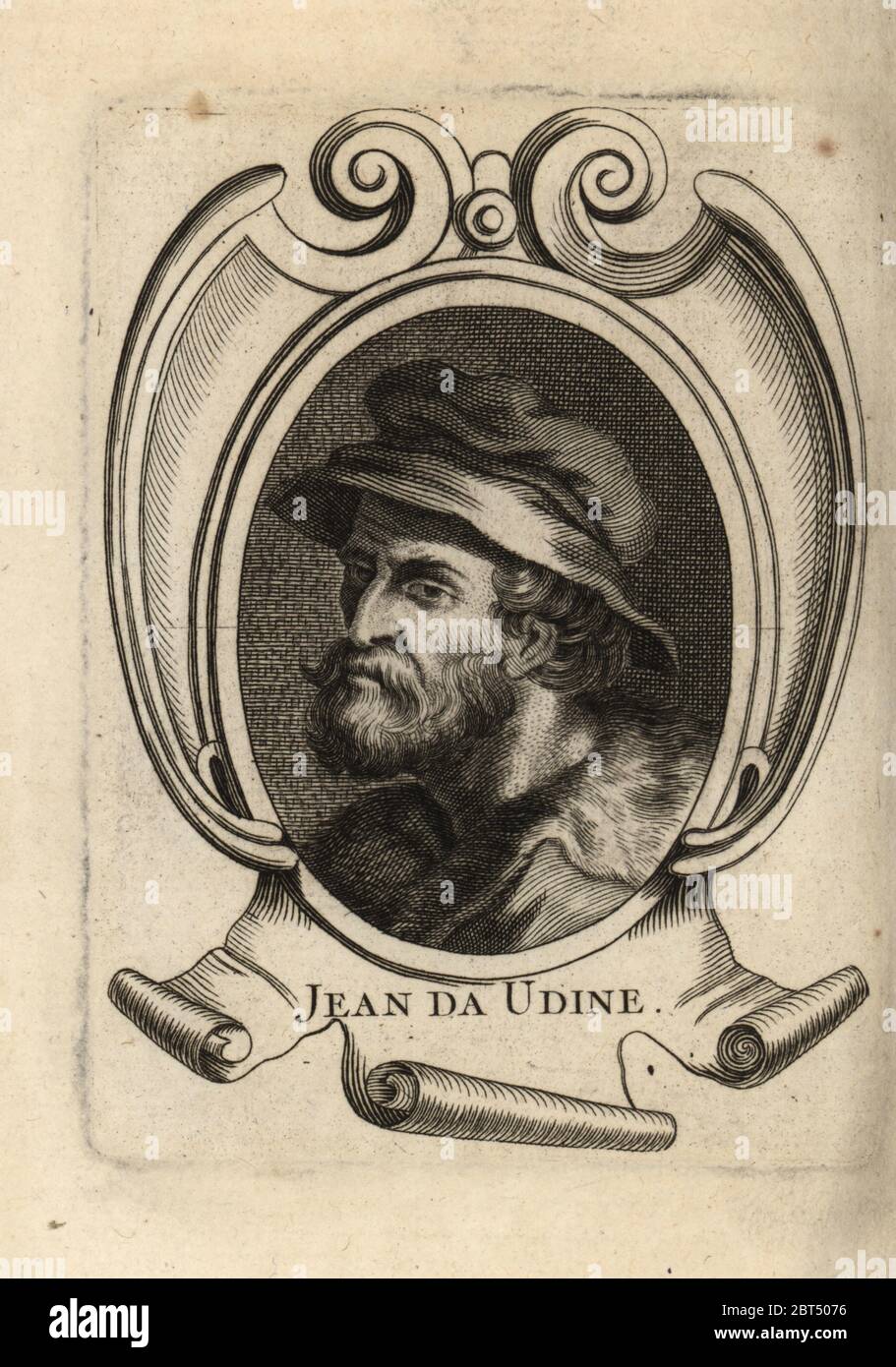 Portrait de Giovanni da Udine, peintre et architecte italien 1487-1564. Jean da Udine. Gravure sur plaque de copperplate d'Antoine-Joseph Dezallier dArgenvilles Abrege de la vie des plus fameux peintres, vie des artistes les plus célèbres, de Bure Laine, Paris, 1762. Banque D'Images