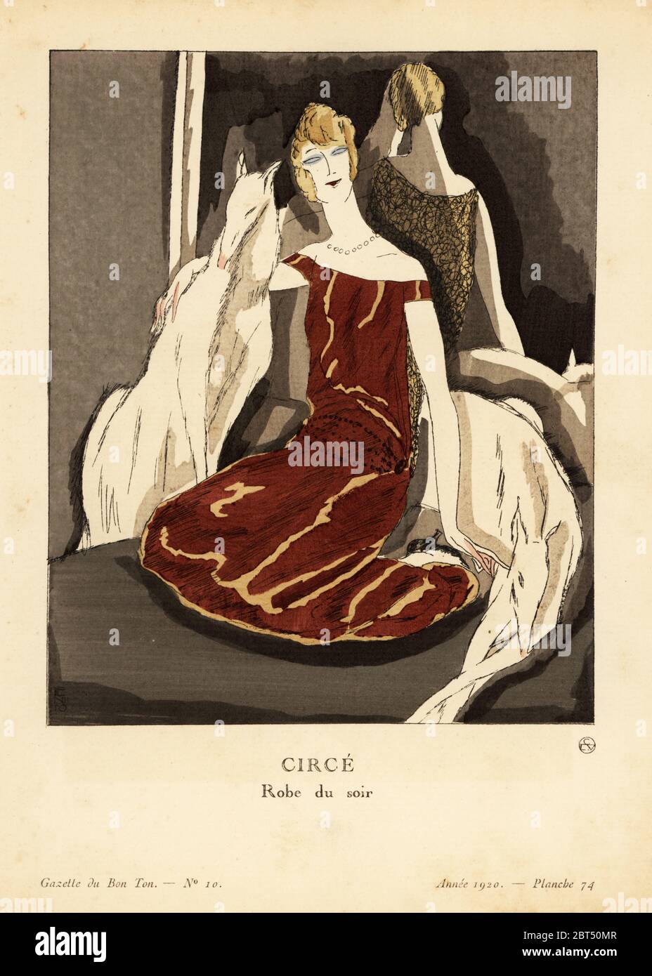Femme avec deux Borzoï Hounds. La robe de soirée est ornée d'un devant en satin et d'un dos en dentelle de couleur cuivre. CIRCE. Robe du soir, ne pas le dévant est de satin Uni, et les dos de dentelle couleur cuivre. Lithographie pochoeur de couleur main par Edouardo Garcia Benito de Lucien Vogels le bon Genre : 100 plaques de Gazette du bon ton, Brentanos, Paris, 1922. Banque D'Images