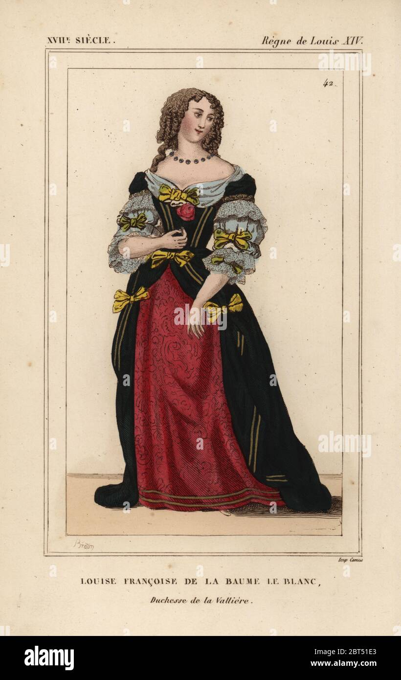 Louise Françoise de la Baume le blanc, Duchesse de la Vallière, maîtresse du roi Louis XIV Lithographie de couleur main de Breton après un portrait de Mignard dans les portfolios de la galerie de Roger de Gaignères du Bibliophile Jacob aka costumes de Paul Lacroix historiques de la France, Administration de Librairie, Paris, 1852. Banque D'Images