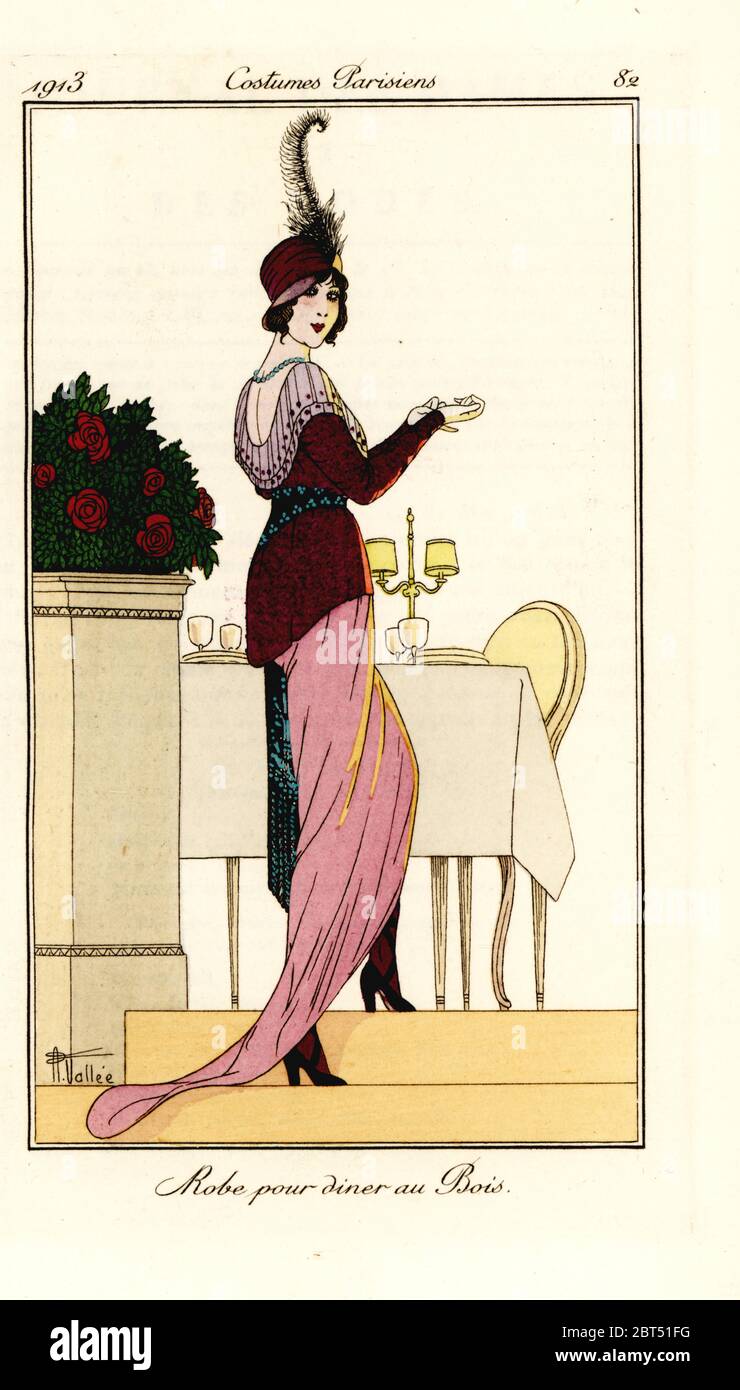 Femme en robe de soirée pour dîner au Bois. Peignoir pour le dîner au Bois.  Pochoeur de couleur main (pochoir) gravé après une illustration d'Armand  Vallee de Tommaso Antonginis Journal des Dames