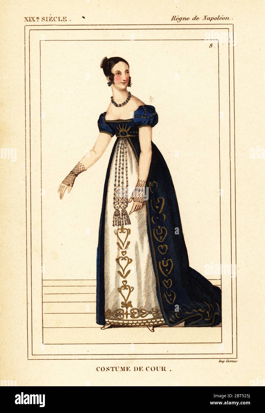 Costume de femme courtisan anglais époque napoléonienne. Lithographie coloriée par Léopold Massard de : Le Bibliophile Jacob aka Paul Lacroix Costumes historiques de la France (Costumes historiques de la France), Administration de librairie, Paris, 1852. Banque D'Images