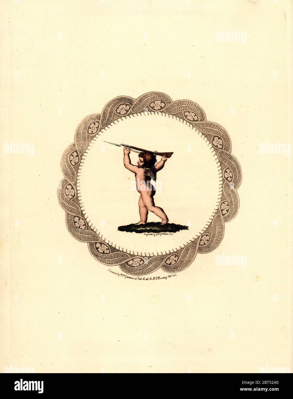 Cupid prend son matchlock musket. Suppose son verrou de feu. Gravure de plaque de coperplate en couleur main par William Nelson Gardiner après une illustration par la princesse Elizabeth de Thomas Parks Cupid devenu volontaire, Londres, 1804. Banque D'Images