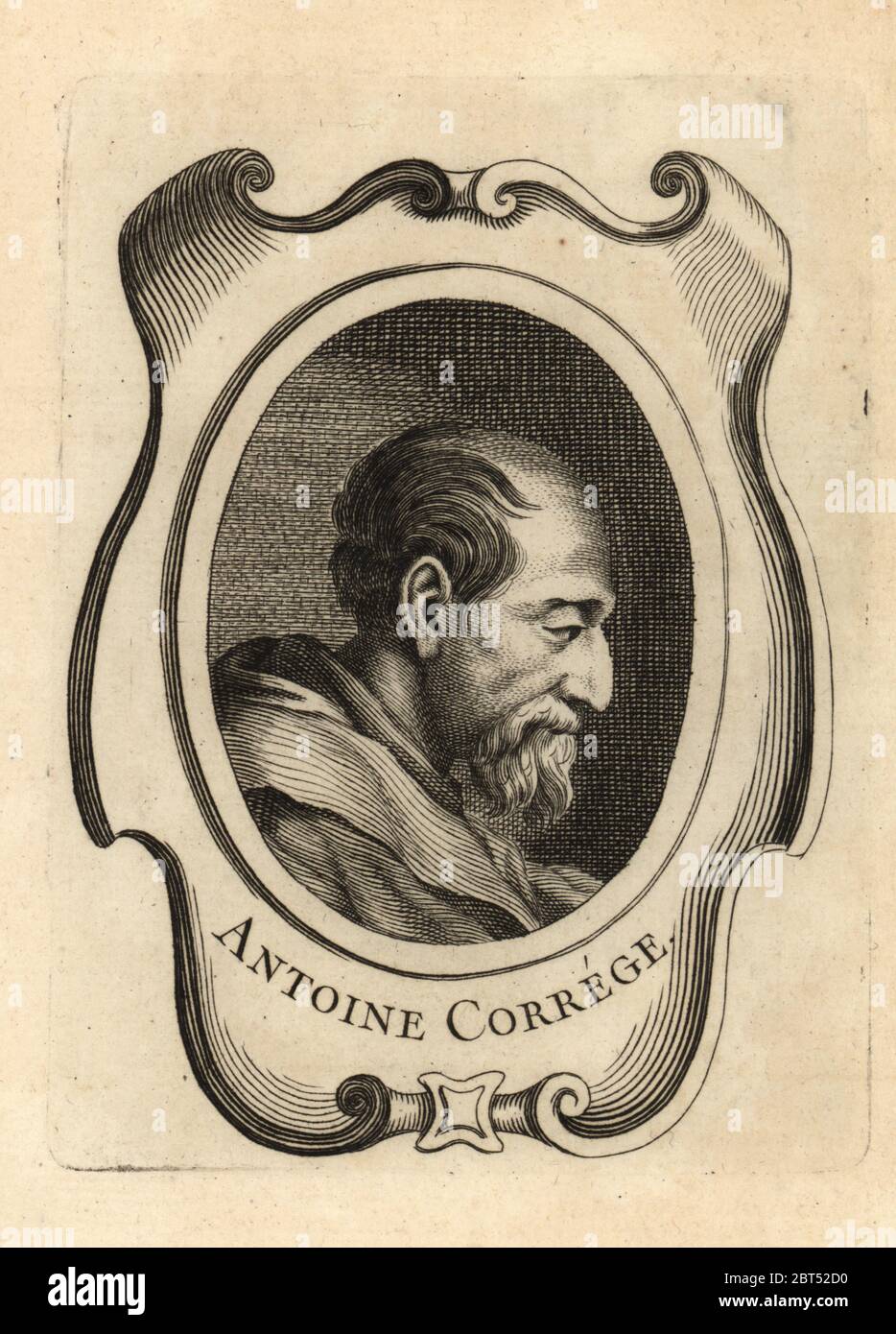 Portrait d'Antonio Allegri da Correggio, peintre italien de l'école de Parme de la haute Renaissance italienne, 1489-1534. Antoine Correge. Gravure sur plaque de copperplate d'Antoine-Joseph Dezallier dArgenvilles Abrege de la vie des plus fameux peintres, vie des artistes les plus célèbres, de Bure Laine, Paris, 1762. Banque D'Images