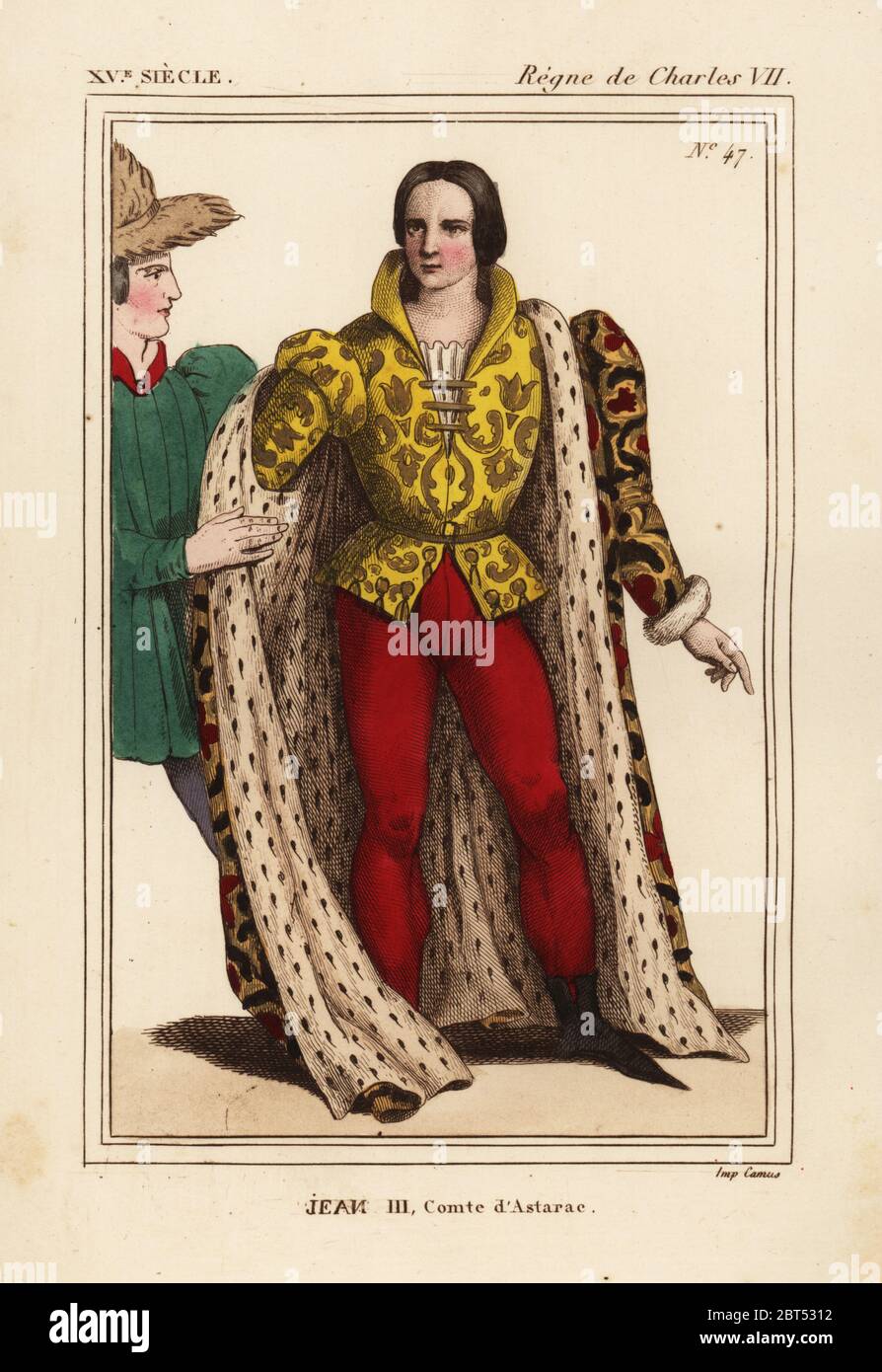 Jean III, Comte d'Astarac, commandant en chef pour le Roi Charles VII, Jean III, comte d'Astarac, d. 1458. Manteau d'or bordé d'hermine, veste jaune et une chemise blanche. Lithographie coloriée par Léopold Massard après une figure dans une tapisserie de l'histoire d'Esther et Mardochée à Roger de Gaignieres' portfolio VI 126 de : Le Bibliophile Jacob aka Paul Lacroix Costumes historiques de la France (Costumes historiques de la France), Administration de librairie, Paris, 1852. Banque D'Images