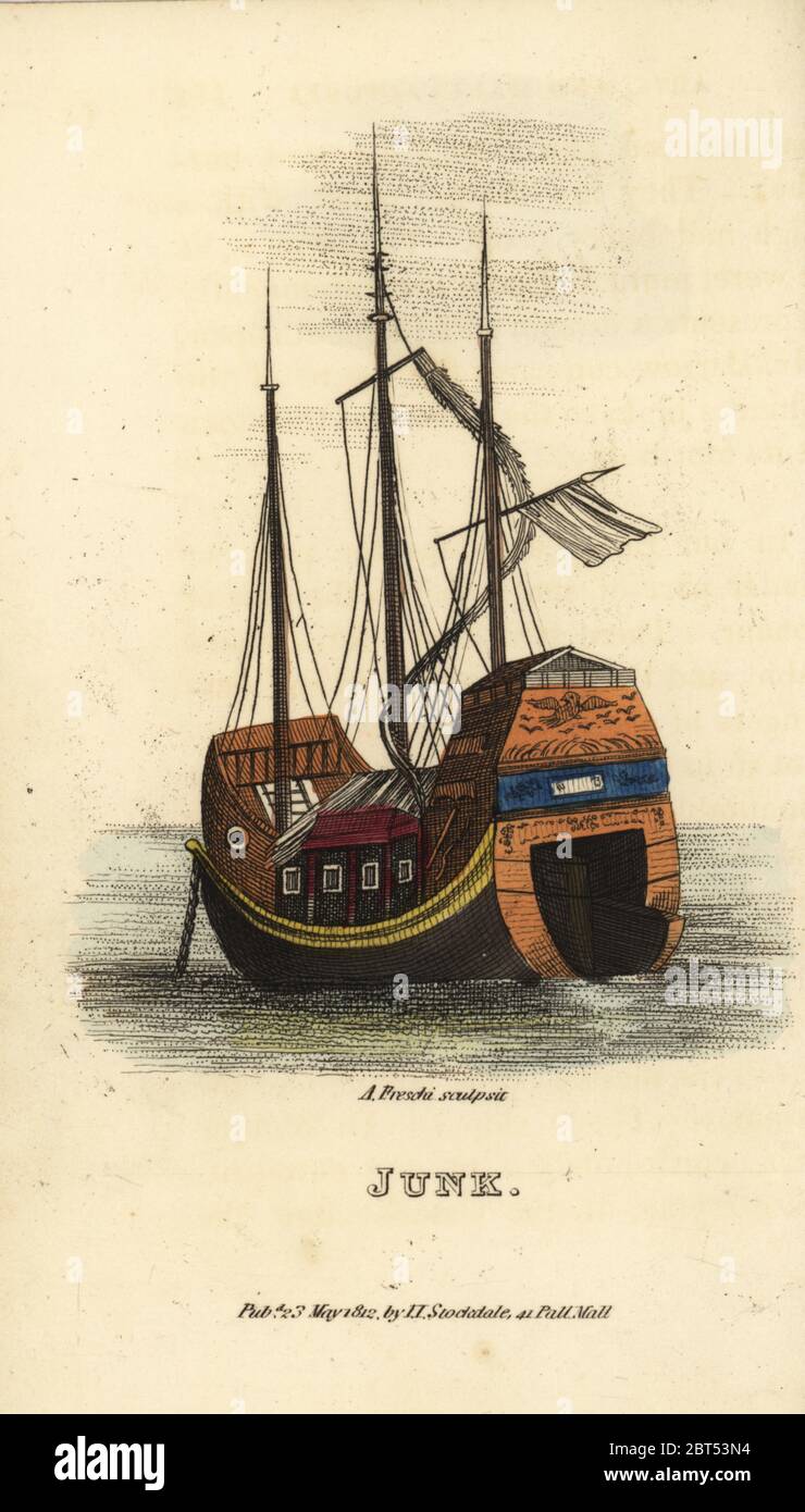 Jonque Chinoise, la Dynastie des Qing. À fond plat, trois-mâts avec attente compartimenté. La gravure sur cuivre coloriée par Andrea Freschi après Antoine Cardon de Henri-Leonard-Jean-Baptiste Bertin et Jean Baptiste Joseph Breton's la Chine, ses costumes, Arts, Manufactures, etc., Howlett et Brimmer, Londres, 1824. Banque D'Images