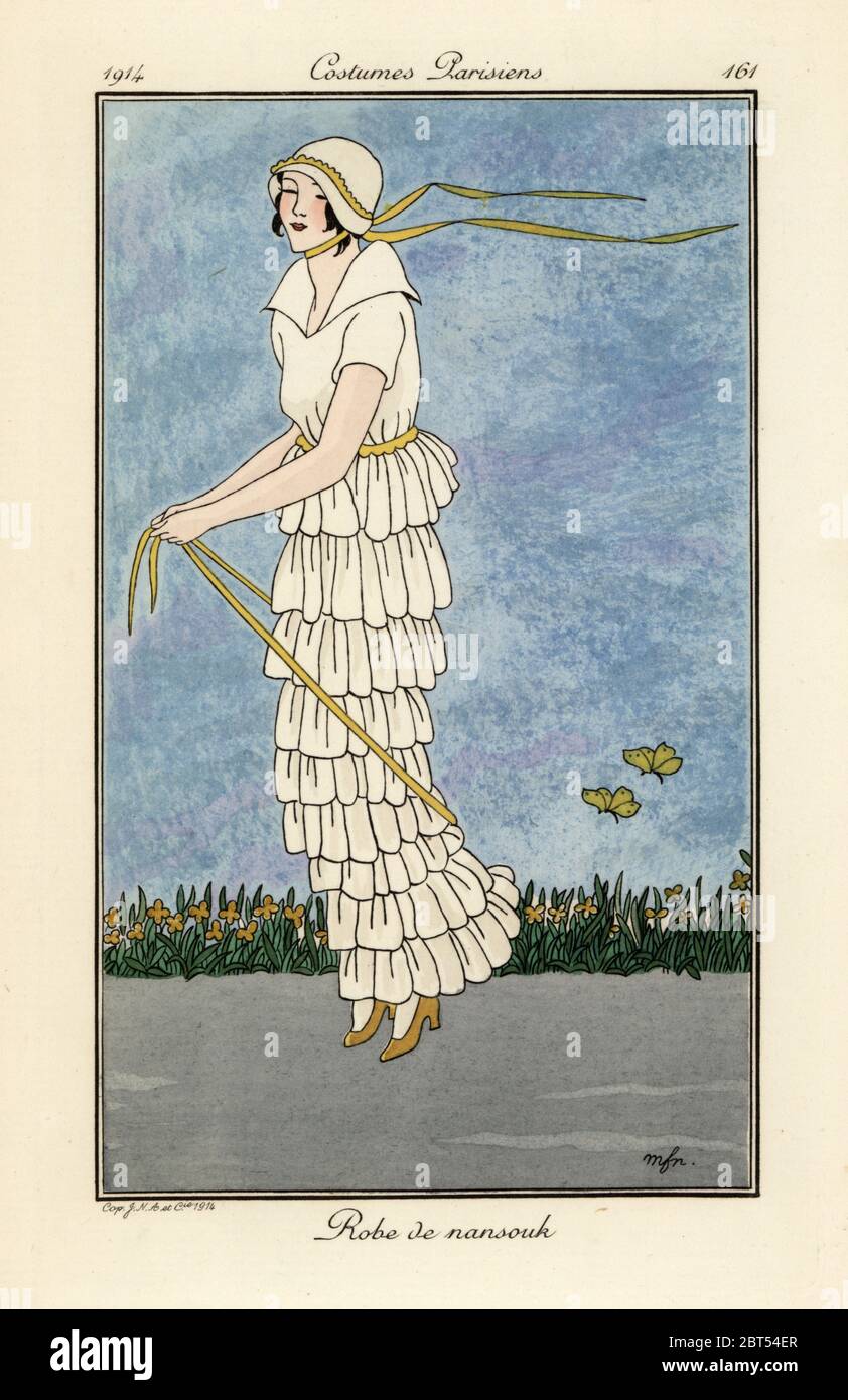 Femme sautant dans la robe blanche à volants de nainsouk. Peignoir de  nansouk. Pochoeur de couleur main (pochoir) gravé après une illustration de  Marie-Madeleine Franc-Nohain de Tommaso Antonginis Journal des Dames et