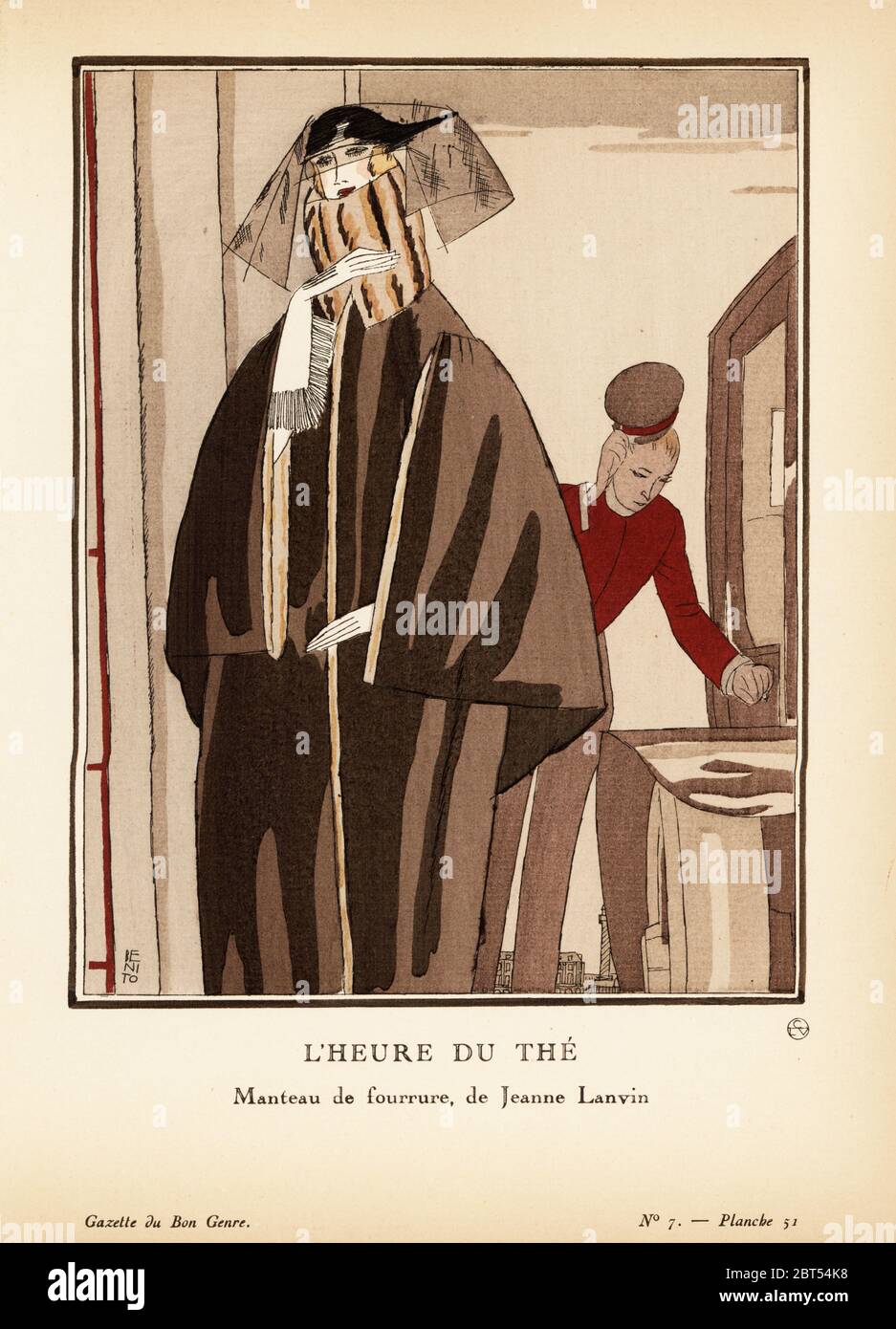 Femme en fourrure avec col haut et voile. Un garçon de l'hôtel lui a fait  une petite bouée. Temps de thé. Lheure du. Manteau de fourrure de Jeanne  Lanvin. Lithographie pochoeur de