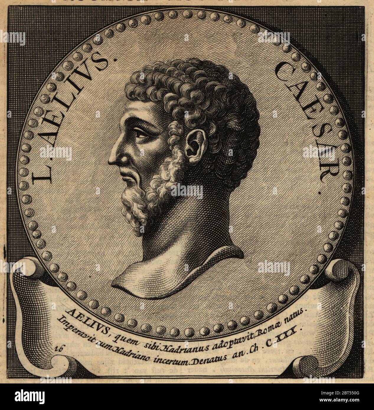 Lucius Aelius César, 101AD-138AD, père de l'empereur Lucius Verus. Adopté fils d'Hadrien. Gravure sur plaque de coperplate d'Abraham Bogaerts de Roomsche monarchie, la monarchie romaine, François Salma, Utrecht, 1697. Banque D'Images