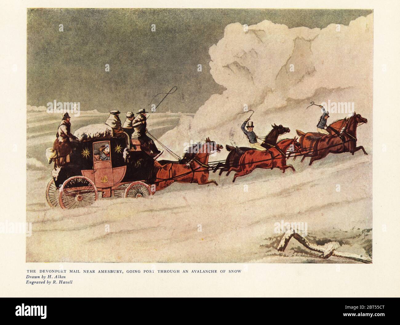 L'autocar Devonport Mail près d'Amesbury, qui traverse une avalanche de neige, 1837. Autocar de six chevaux avec six gardes et passagers concernés regardant par la fenêtre. Impression couleur après une gravure de R. Havell à partir d'une illustration de Henry Alken dans Ralph Nevills Old Sporting Prints, The Connoisseur Magazine, Londres, 1908. Banque D'Images