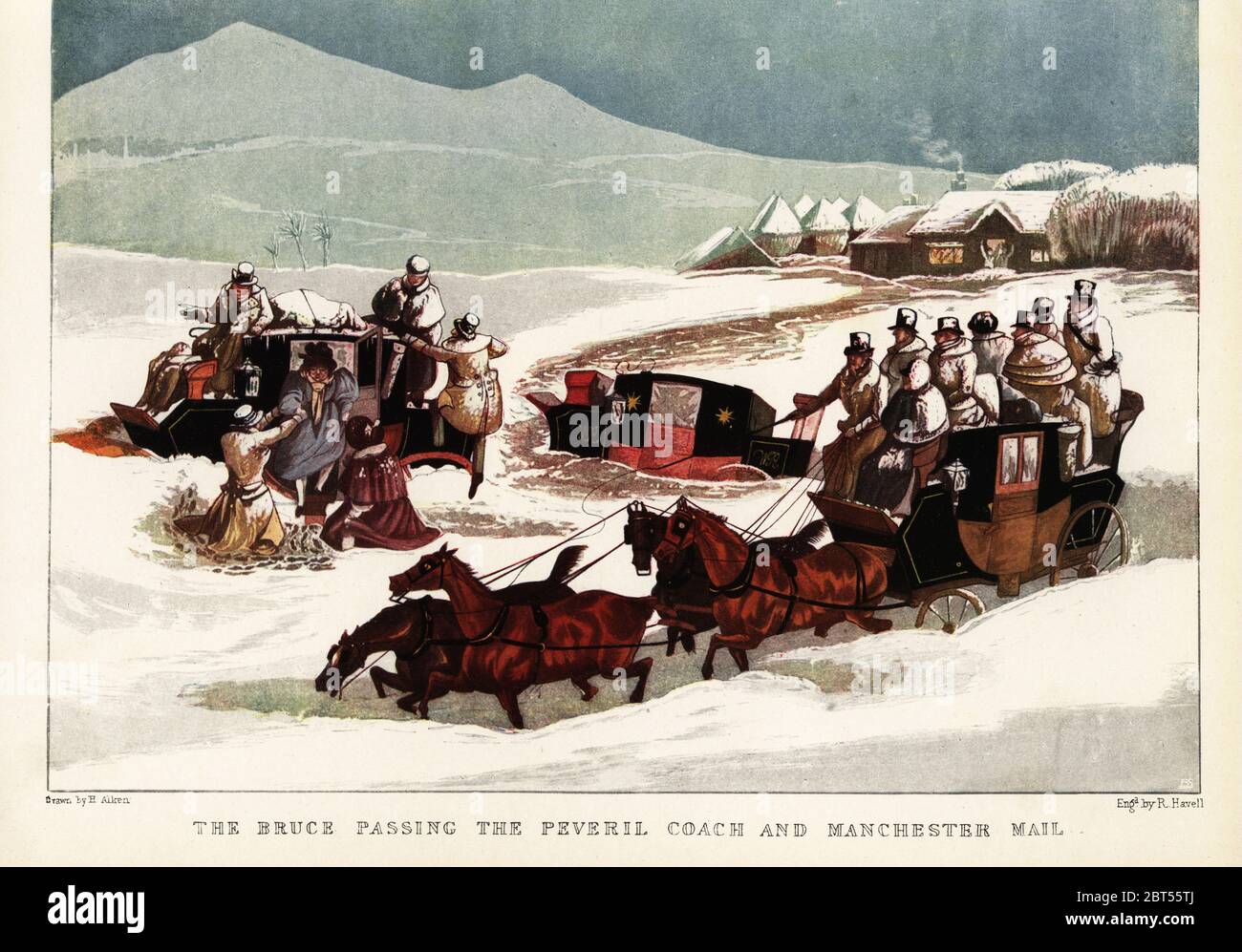 Un autocar à quatre chevaux avec des passagers en haut, qui passe devant deux autres voitures encollées dans la neige. Le Bruce passant les entraîneurs de courrier Peveril et Manchester, 1837. Impression couleur après une gravure de R. Havell à partir d'une illustration de Henry Alken dans Ralph Nevills Old Sporting Prints, The Connoisseur Magazine, Londres, 1908. Banque D'Images