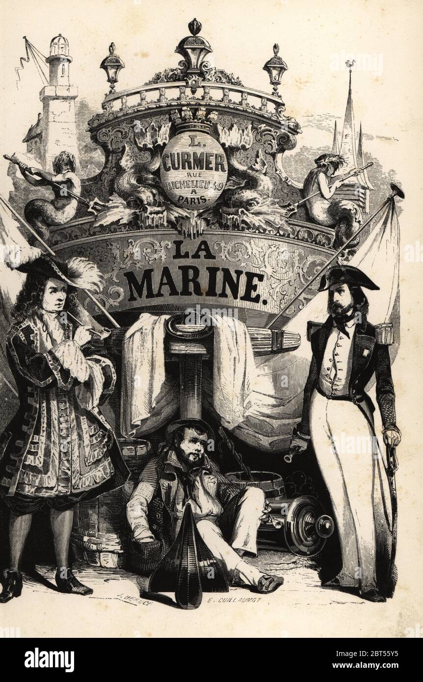 Illustration de la frontispice montrant des marins des XVIIIe et XIXe siècles devant une poupe de navires décorée. Imprimé blocs de bois de J. Beruce d'après Claude-Nicolas-Eugene Guilleret d'Eugene paninis Marine, arséniaux, navires, équipages, navigation, atterages, combats, L. Curmer, Paris, 1844. Banque D'Images