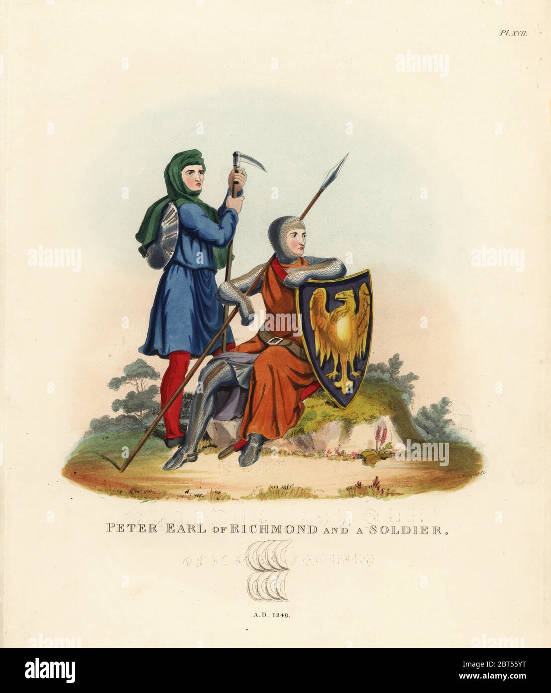 Pierre II, comte de Savoie, comte de Richmond, et un soldat. 1248. Le comte porte une cotte de haubert et chausses, tunique, et porte la lance et le bouclier avec des armoiries. L'footsoldier cargan porte un capot, porte un bouclier rond et oucin. Lithographie coloriée après une illustration par S.R. Sir Samuel de Meyrick Meyrick Rush d'un enquête sur Antient Armor, John Dowding, Londres, 1842. Banque D'Images