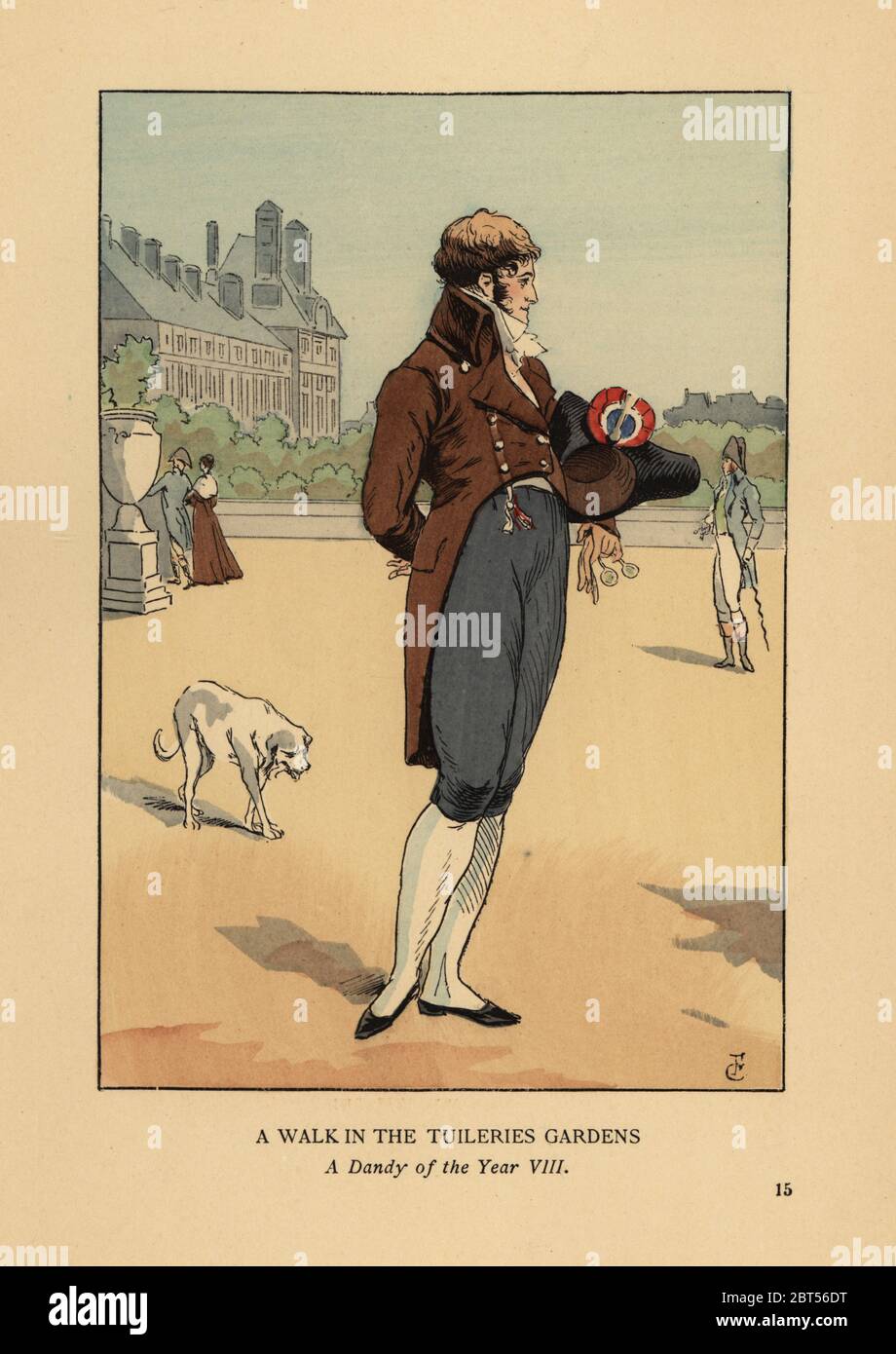 Une promenade dans les jardins des Tuileries. Une dandy de l'année VIII,  1800. Incroyable en manteau, culottes, boyaux et pantoufles, tricorne et  cocarde. Lithographie de couleur main de R.V. d'après une illustration