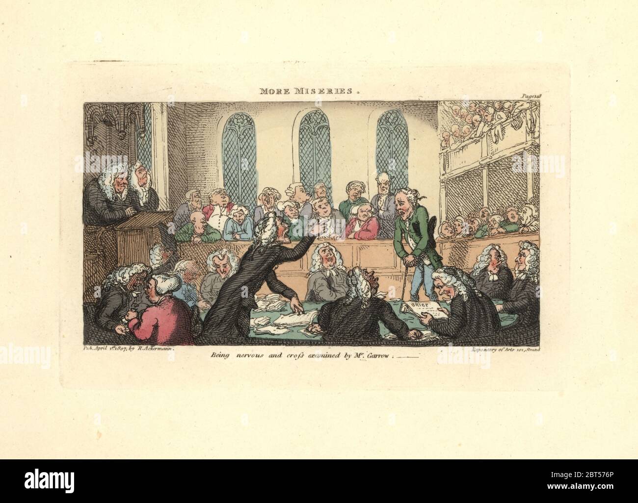 Être nerveux et contre-interrogé par l'avocat M. Garrow en cour. Plus de misères. Gravure en coperplate de couleur main, conçue et gravée par Thomas Rowlandson pour accompagner le révérend James Beresfords misères de la vie humaine, Ackermann, 1808. Banque D'Images