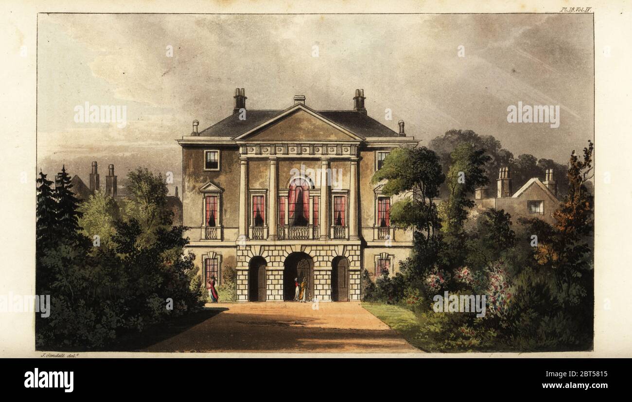 New Lodge ou White Lodge, Richmond Park, siège de Henry Addington, 1er Viscount Sidmouth. Pavillon de chasse conçu par le comte de Pembroke pour le roi George I. gravure en coperplate de couleur main, d'après une illustration de John Gendall de Rudolph Ackermanns Repository of Arts, Londres, 1823. Banque D'Images