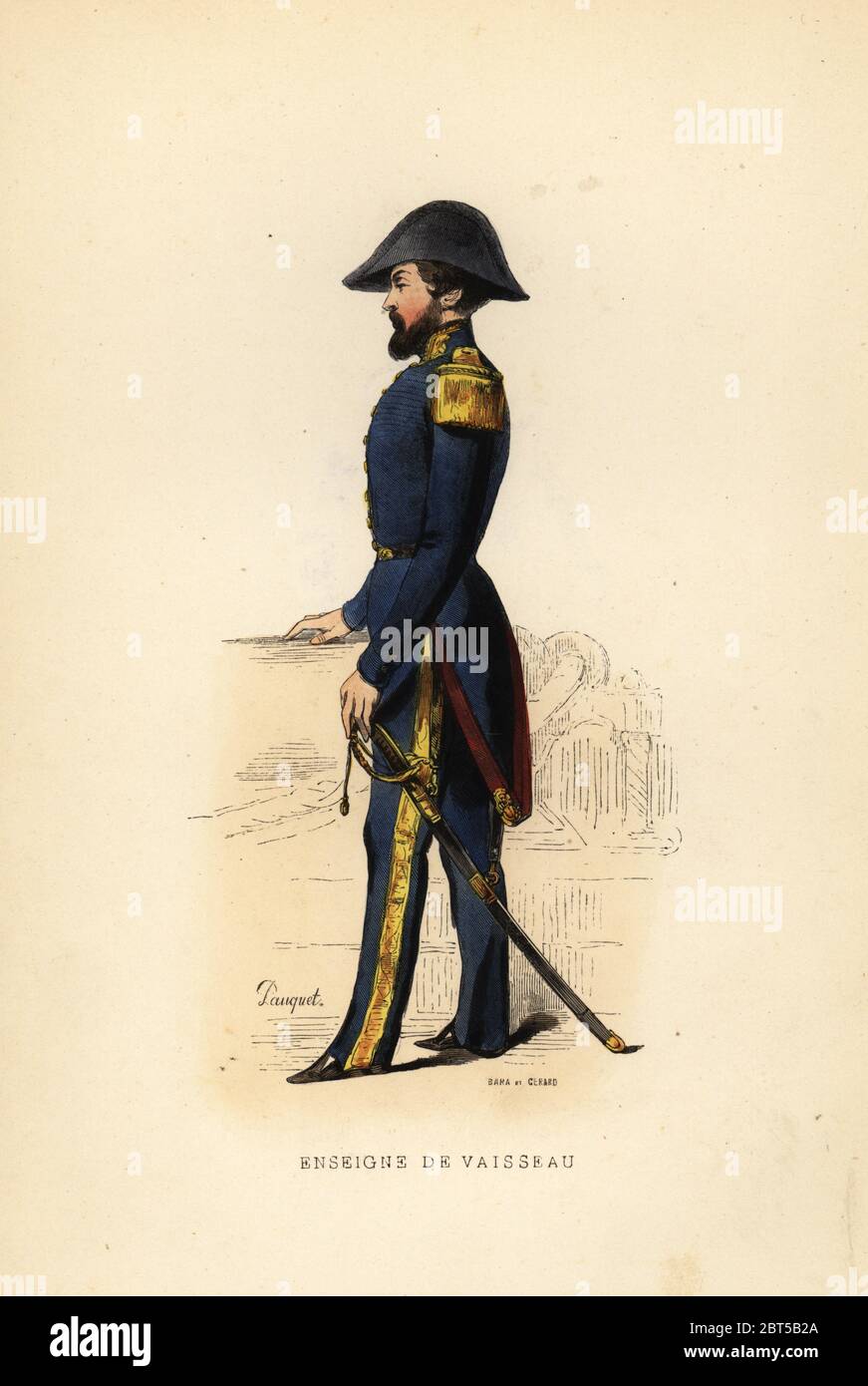 Uniforme de navire ensign, enseigne de Vaisseau, Marine française, 1844. Imprimé à la main par Pauquet après Bara et Gerard d'Eugene paninis Marine, arséniaux, navires, équipages, navigation, atterages, combats, L. Curmer, Paris, 1844. Banque D'Images