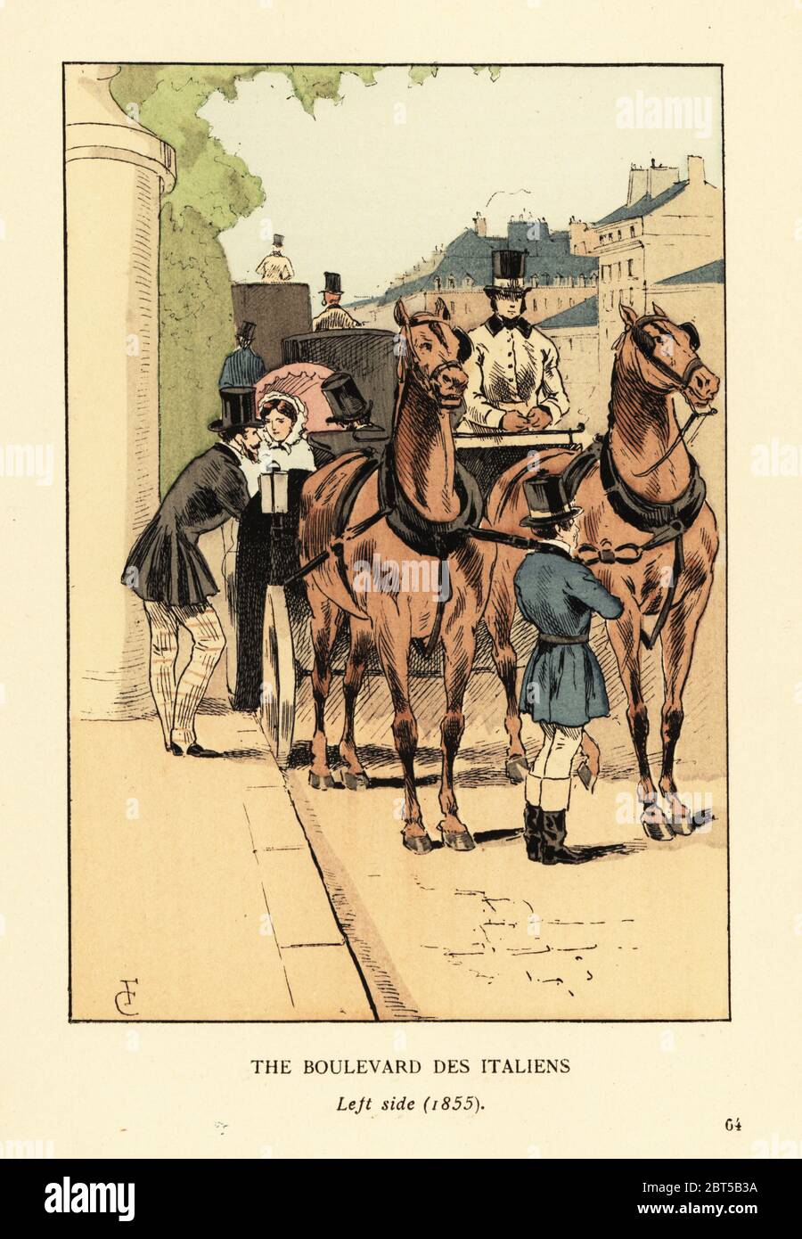 Voitures à la mode sur le boulevard des Italiens, à gauche, 1855. Lithographie de couleur main de R.V. d'après une illustration de François Courboin d'Octave Uzannes Fashion à Paris, William Heinemann, Londres, 1898. Banque D'Images