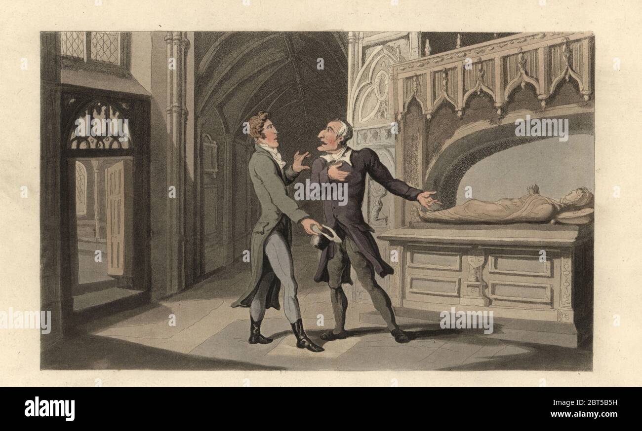 Homme anglais au tombeau de Petraches muse, Laura de Sade, Laure des Noves, à la Chapelle des Sade, couvent des Cordeliers, Avignon. Au tombeau de Laura. Gravure en copperplate de couleur main, d'après une illustration de Thomas Rowlandson du Journal of sentimental Travels dans les provinces méridionales de France, traduite et abrégée de Moritz August von Thummels Reise in die Gusitchäen Provinsen van Frankreich im Jahre 17851786, Rudolph Ackermann, Londres, 1821. Banque D'Images