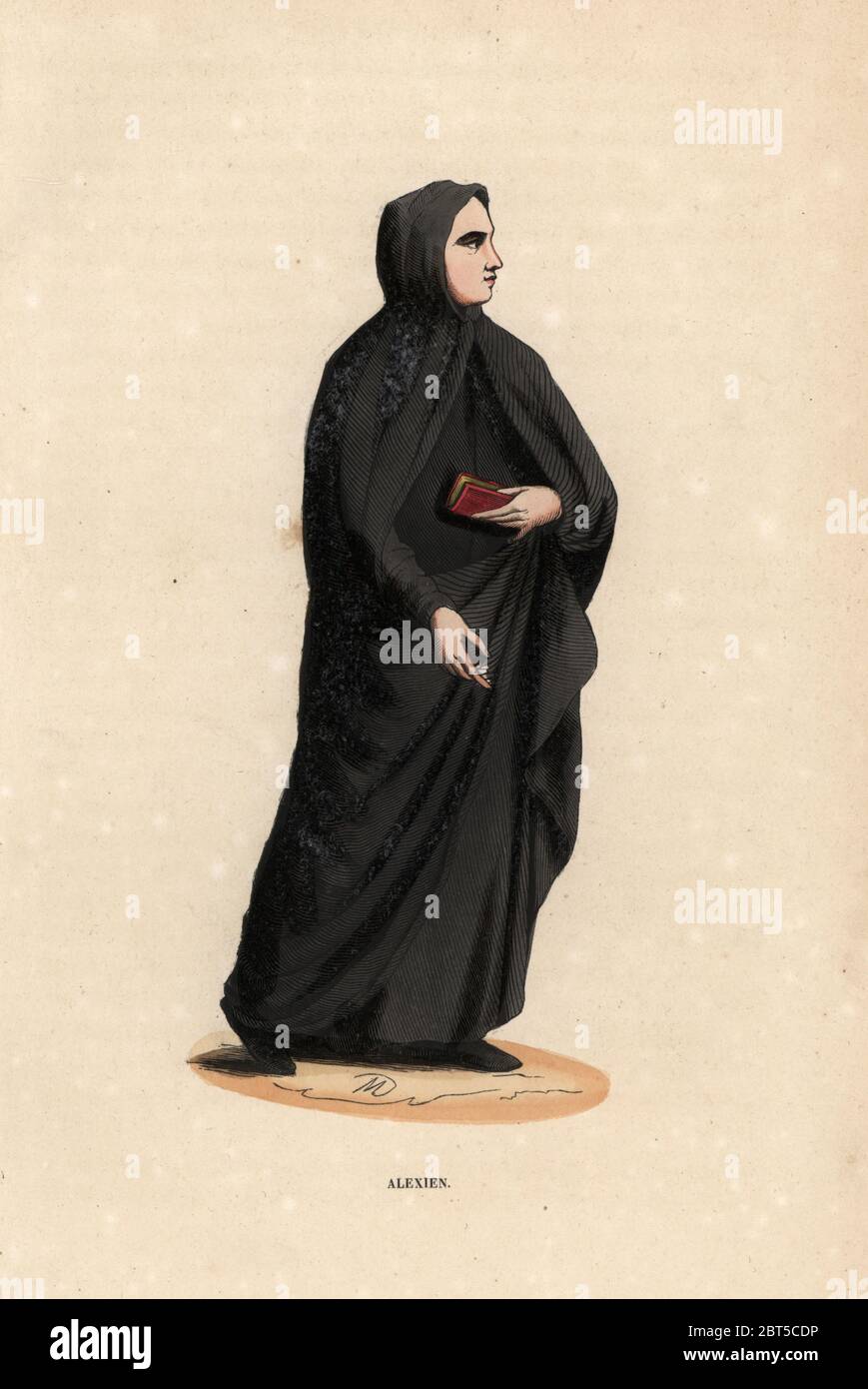 Monk des Alexiens, des frères Alexiens ou des Cellites. Gravure de blocs de bois de couleur main par M d'après une illustration de Jacques Charles Bar d'Abbé Tiras Histoire et costumes des Ordres Religieux, Librairie Historique-artistique, Bruxelles, 1845. Banque D'Images