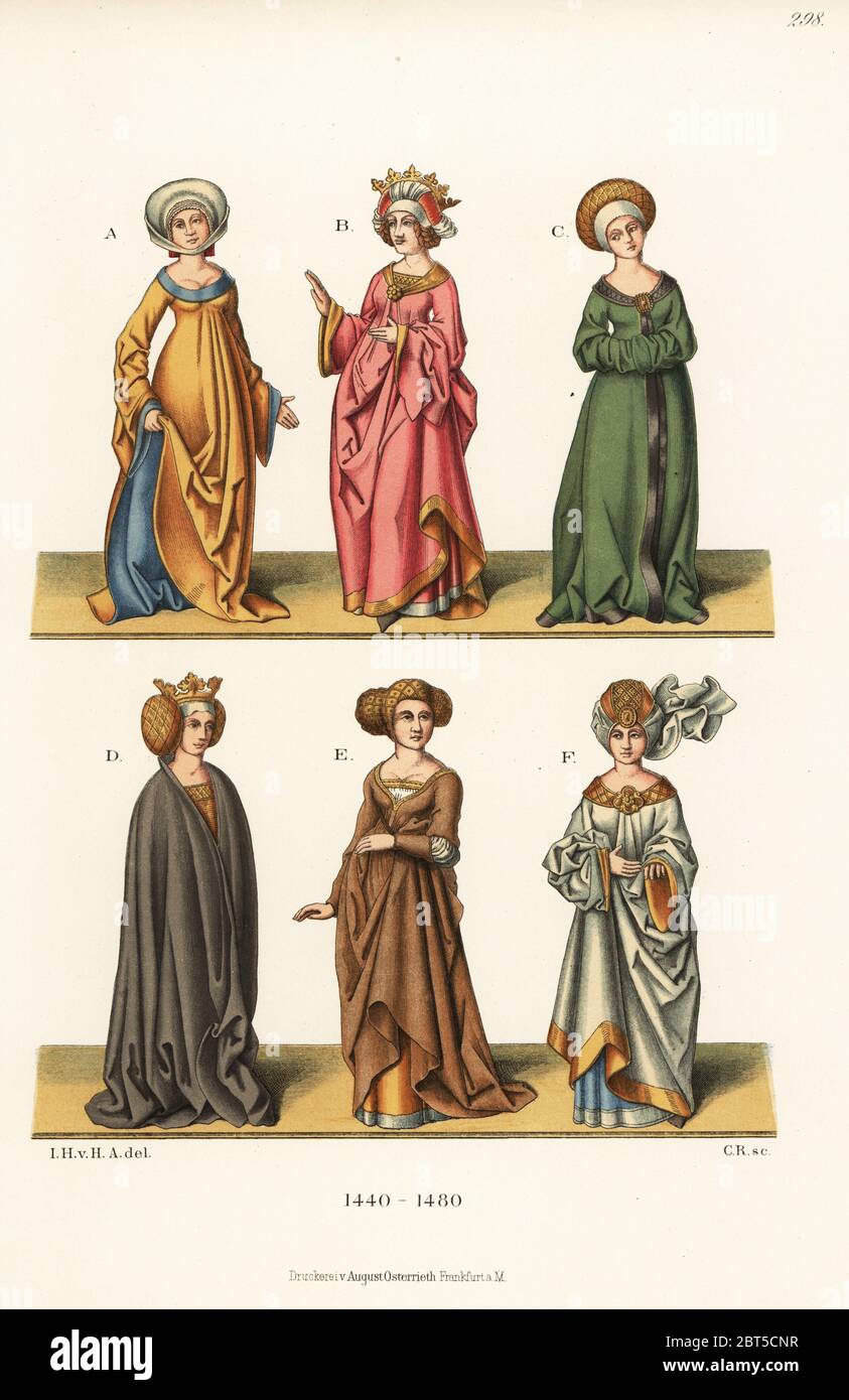 Costumes pour femmes du milieu du XVe siècle. Du livre d'amitié du duc de  Saxonys dans les Archives d'État de Dresde. Stammbuches. Chromolithographe  des costumes, œuvres d'art et appareils de Hefner-Alteneck du