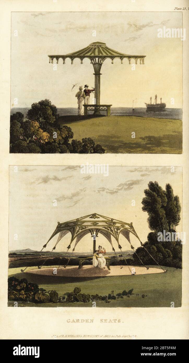 Des sièges de jardin dans des parcs ou des jardins paysagers. Siège indien à parapluie sur le dessus et marquise en tissu sur un cadre en fer à plier en dessous. Gravure sur plaque de coperplate de couleur main de Rudolph Ackermanns Repository of Arts, Londres, 1816. Banque D'Images