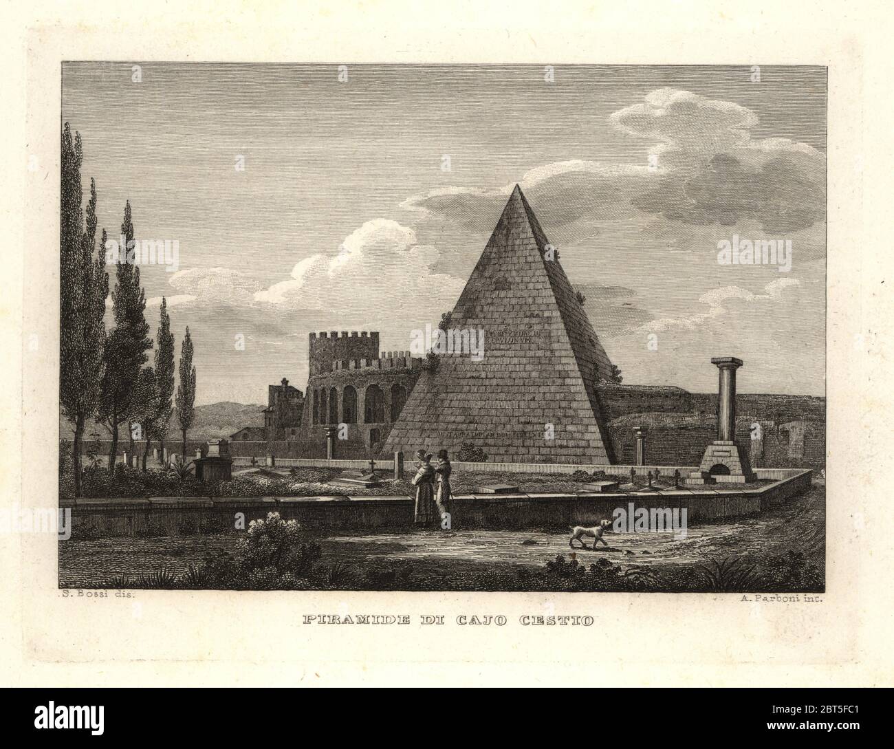 Vue de la Pyramide de Cestius, Rome, construit pour Caius Cestius. La gravure sur cuivre par A. Parboni après une illustration de Sylvestro Bossi de Joseph Parboni's Nouvelle Collection des principales vues anciennes et actuelles de la ville de Rome, 1830. Banque D'Images