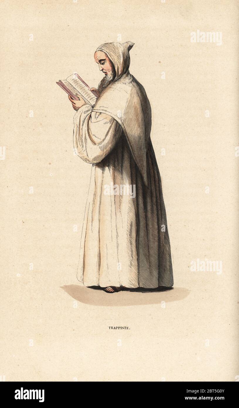 Moine trappiste lisant une Bible, ordre des cisterciens de la stricte observance, trappiste, l'ordre cistercien de la Stricte observance. Gravure de blocs de bois de couleur main, d'après une illustration de Jacques Charles Bar d'Abbé Tiras Histoire et costumes des Ordres Religieux, Librairie Historique-artistique, Bruxelles, 1845. Banque D'Images