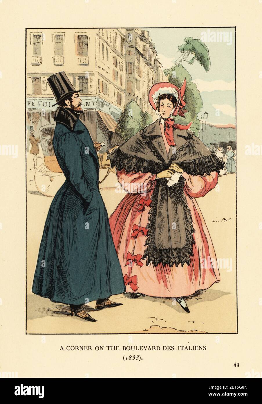 Un coin sur le boulevard des Italiens, 1833. Couple à la mode en face de  Louis Bignons Cafe Foy de la rue de la chaussée-Dantin et boulevard des  Italiens. Homme dans le