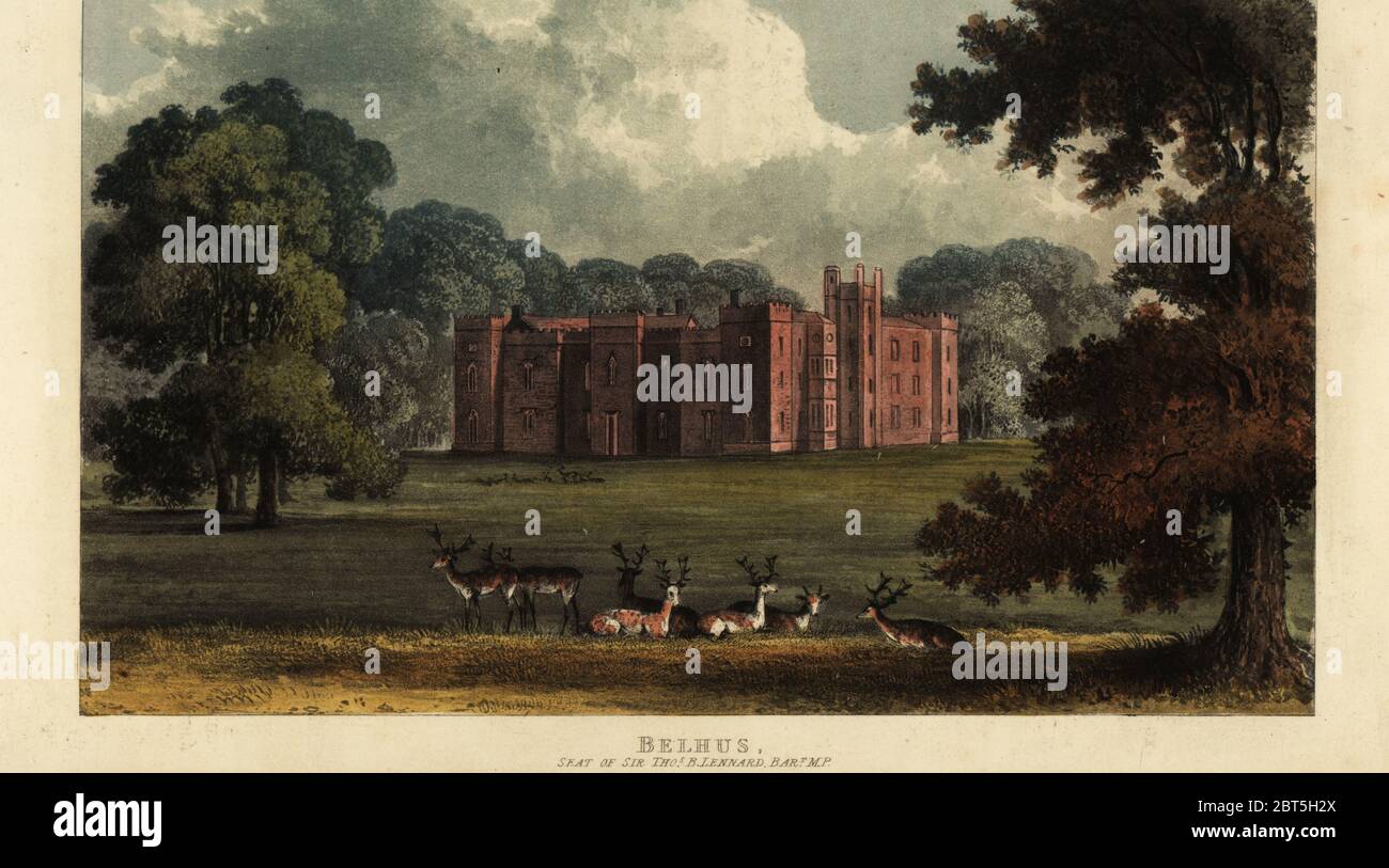 Belhus, Essex, siège du propriétaire d'esclaves Sir Thomas Barrett Lennard. Maison de style gothique avec des cerfs dans les jardins. Gravure sur plaque de coperplate de couleur main de Rudolph Ackermanns Repository of Arts, Londres, 1826. Banque D'Images