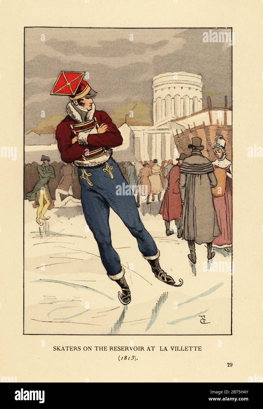 Danseuse et messieurs patinage sur glace du bassin de la Villette, Paris, 1813. Patineurs sur le réservoir à la Villette, Soldat en uniforme des lanceurs polonais de la Garde impériale avec l'adresse czapka. Lithographie de couleur main de R.V. d'après une illustration de François Courboin d'Octave Uzannes Fashion à Paris, William Heinemann, Londres, 1898. Banque D'Images