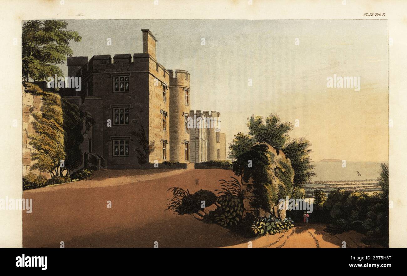 Château de Dunster, Somerset, siège de John Fowles Luttrell. Le château de Motte et bailey, construit par William de Mohun, plus tard une maison de campagne. Gravure sur plaque de coperplate de couleur main de Rudolph Ackermanns Repository of Arts, Londres, 1825. Banque D'Images
