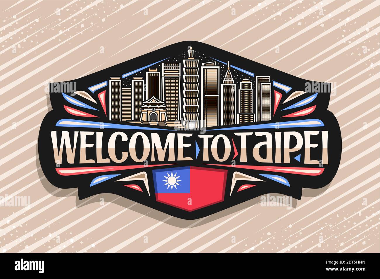Logo vectoriel pour Taipei, autocollant décoratif noir avec illustration de ligne du célèbre paysage de la ville de taipei sur fond ciel nocturne, design artistique réfrigérateur magne Illustration de Vecteur