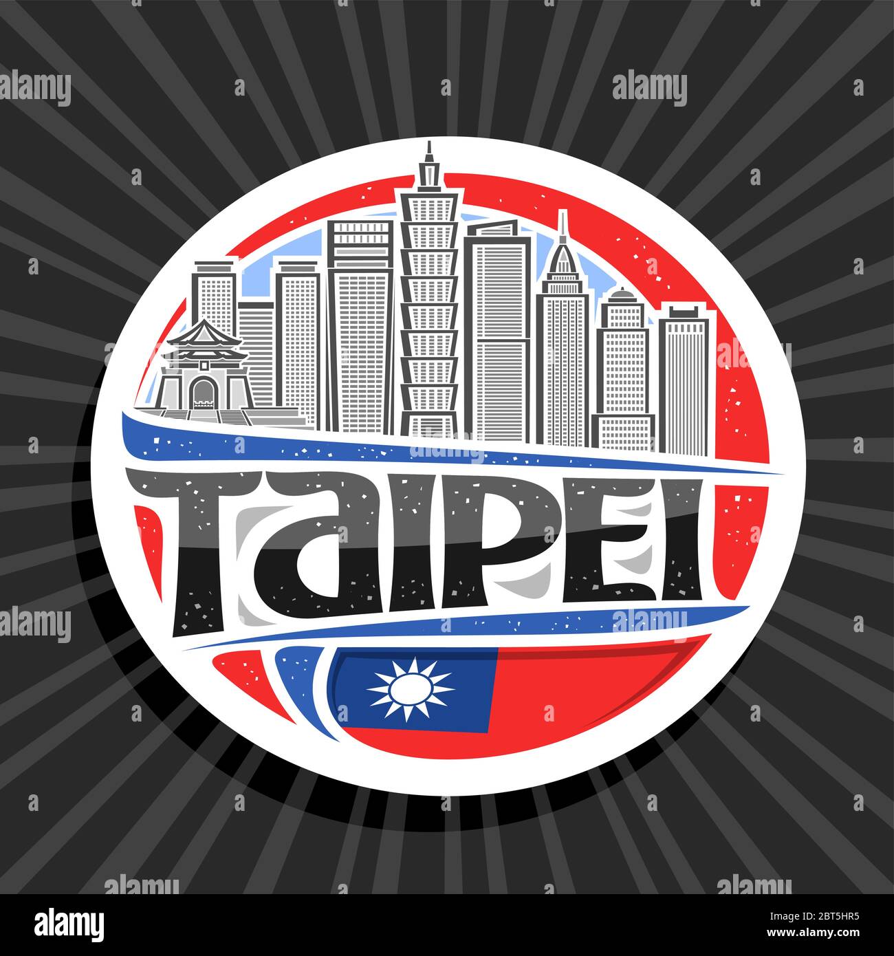 Logo Vector pour Taipei, étiquette ronde décorative blanche avec illustration de la ligne du célèbre paysage de la ville de taipei sur fond de ciel de jour, design d'art réfrigérateur touristique Illustration de Vecteur