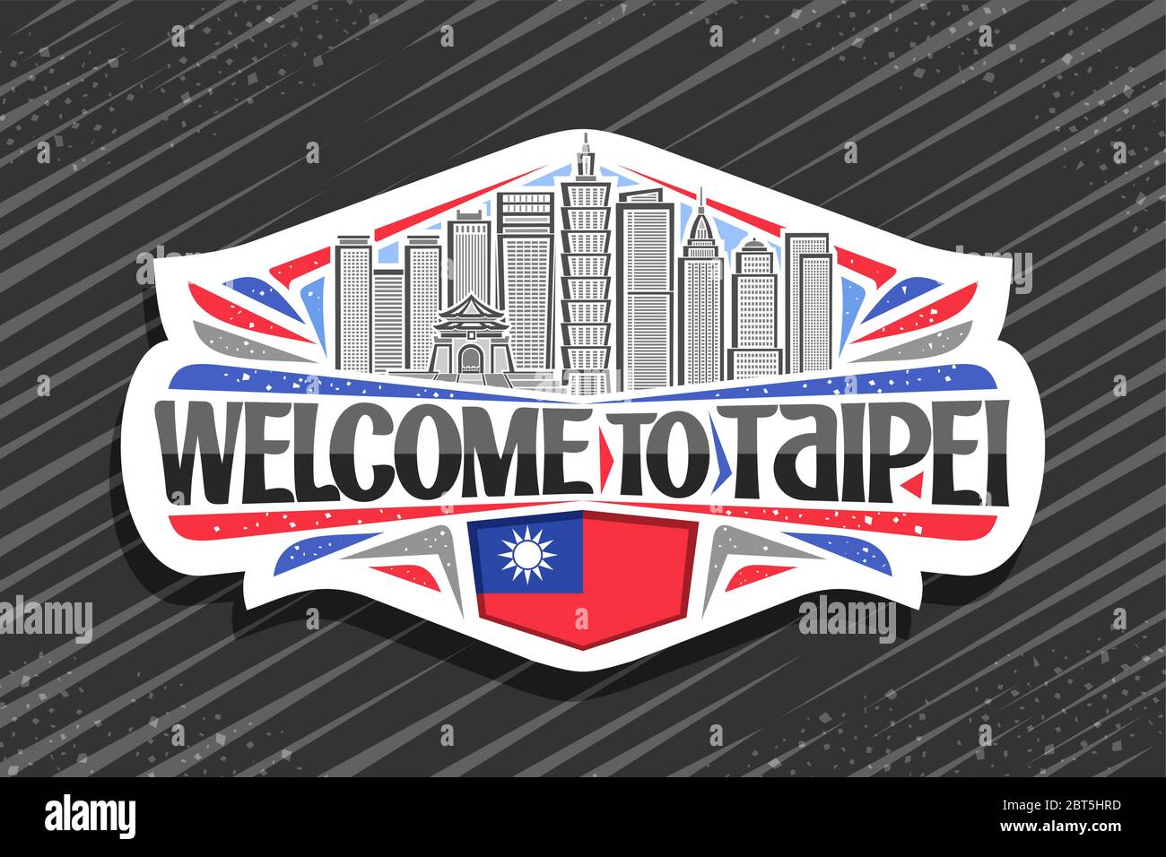 Logo Vector pour Taipei, badge décoratif blanc avec illustration de ligne du célèbre paysage de la ville de taipei sur fond de ciel de jour, aimant de réfrigérateur touristique avec un Illustration de Vecteur