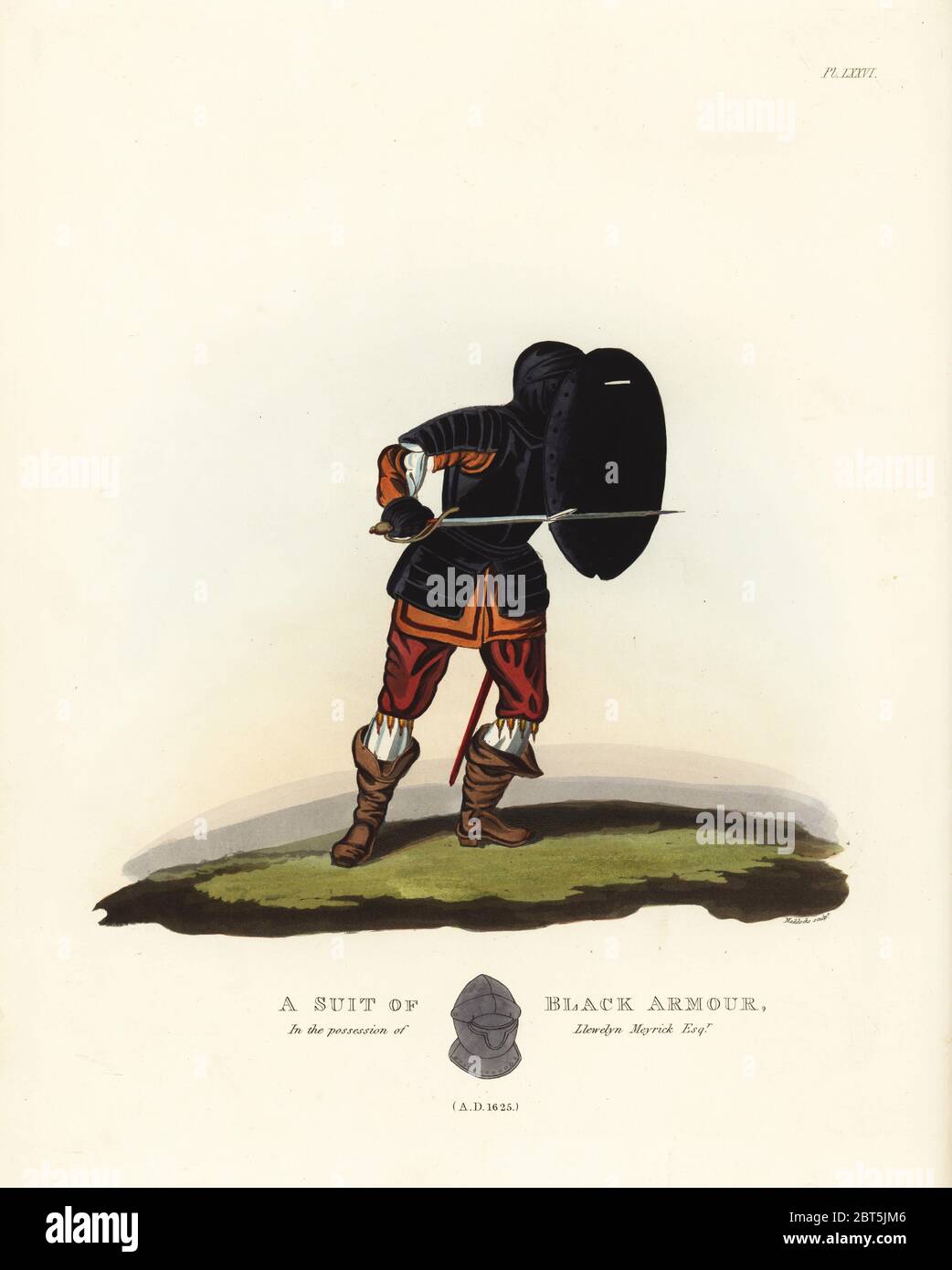 Soldat en armure avec épaulettes corselet noir tenant un bouclier rondache rondell ou avec des fentes pour la vision et l'épée d'axes, 1625. En la possession de Llewelyn Meyrick. Lithographie coloriée par Maddocks après une illustration par S.R. Sir Samuel de Meyrick Meyrick Rush d'un enquête sur Antient Armor, John Dowding, Londres, 1842. Banque D'Images