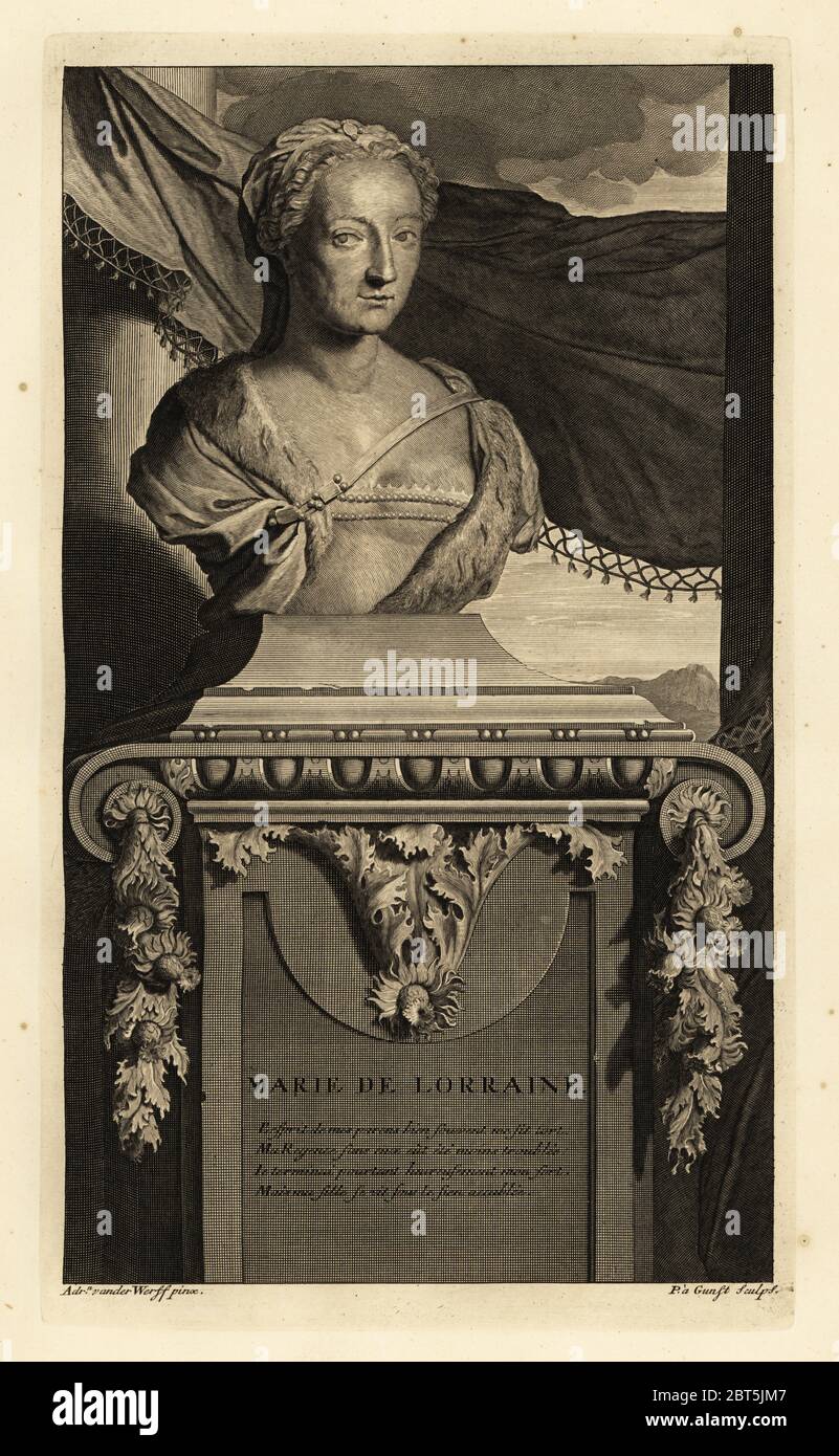 Buste de Marie de guise, ou Marie de Lorraine, Reine consort à James V et plus tard Régent d'Écosse. Marie de Lorraine. Gravure de plaques de coperplate par Pieter Stevens van Gunst d'après Adriaen van der Werff d'Isaac de Larreys Histoire dAngleterre, dEcosse et dIrlande, Reinier Leers, Rotterdam, 1713. Banque D'Images