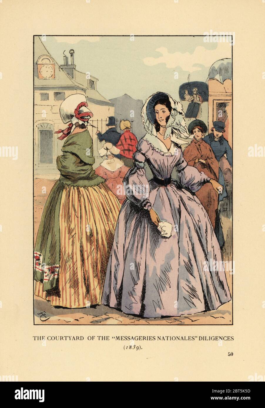 Femmes en attente d'entraîneurs de scène à Paris, 1839. Femmes en bonnets de dentelle, châles et robes à manches larges. La cour des messageries nationales diligences. Lithographie de couleur main de R.V. d'après une illustration de François Courboin d'Octave Uzannes Fashion à Paris, William Heinemann, Londres, 1898. Banque D'Images