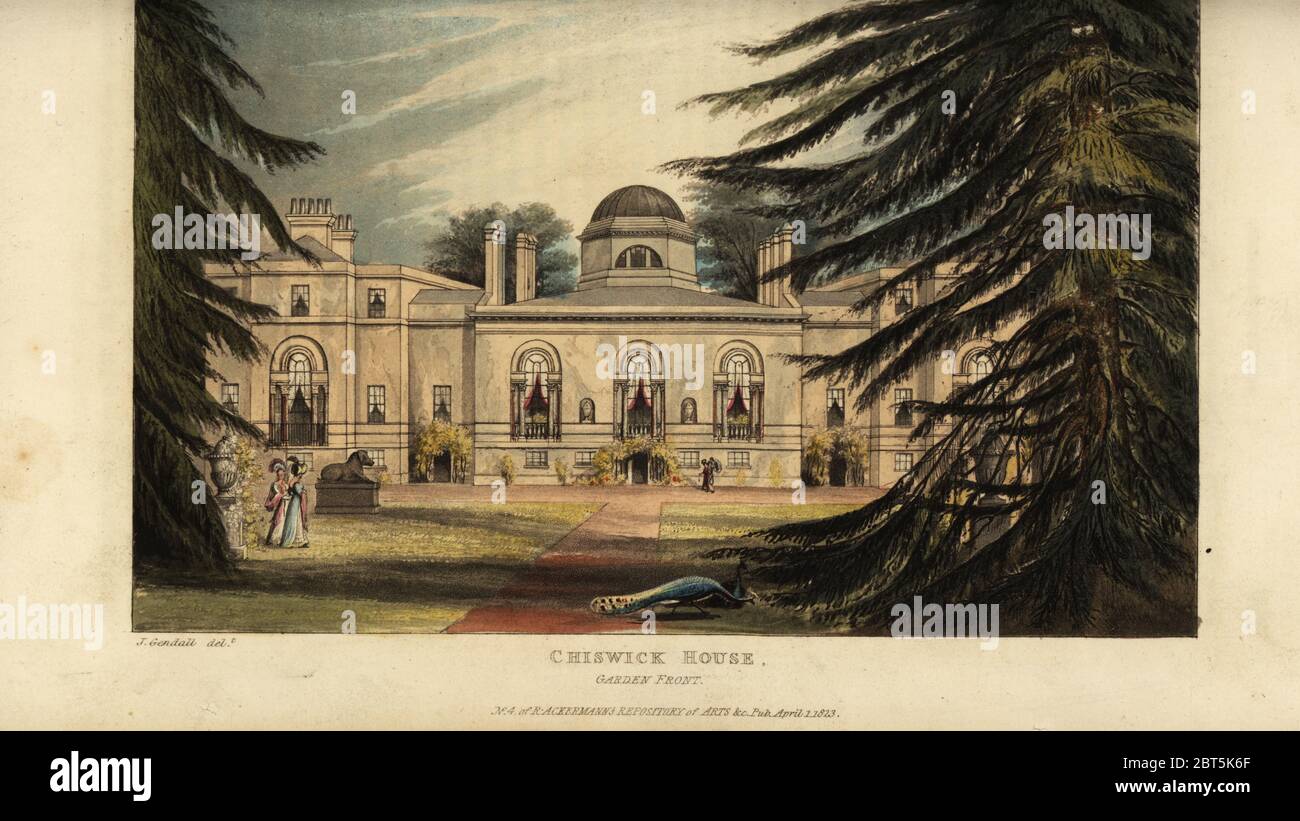 Chiswick House, villa palladienne conçue par l'architecte William Kent et construite par Richard Boyle, 3e comte de Burlington. Jardin. Gravure sur plaque de coperplate de couleur main, d'après une illustration de John Gendall de Rudolph Ackermanns Repository of Arts, Londres, 1823. Banque D'Images
