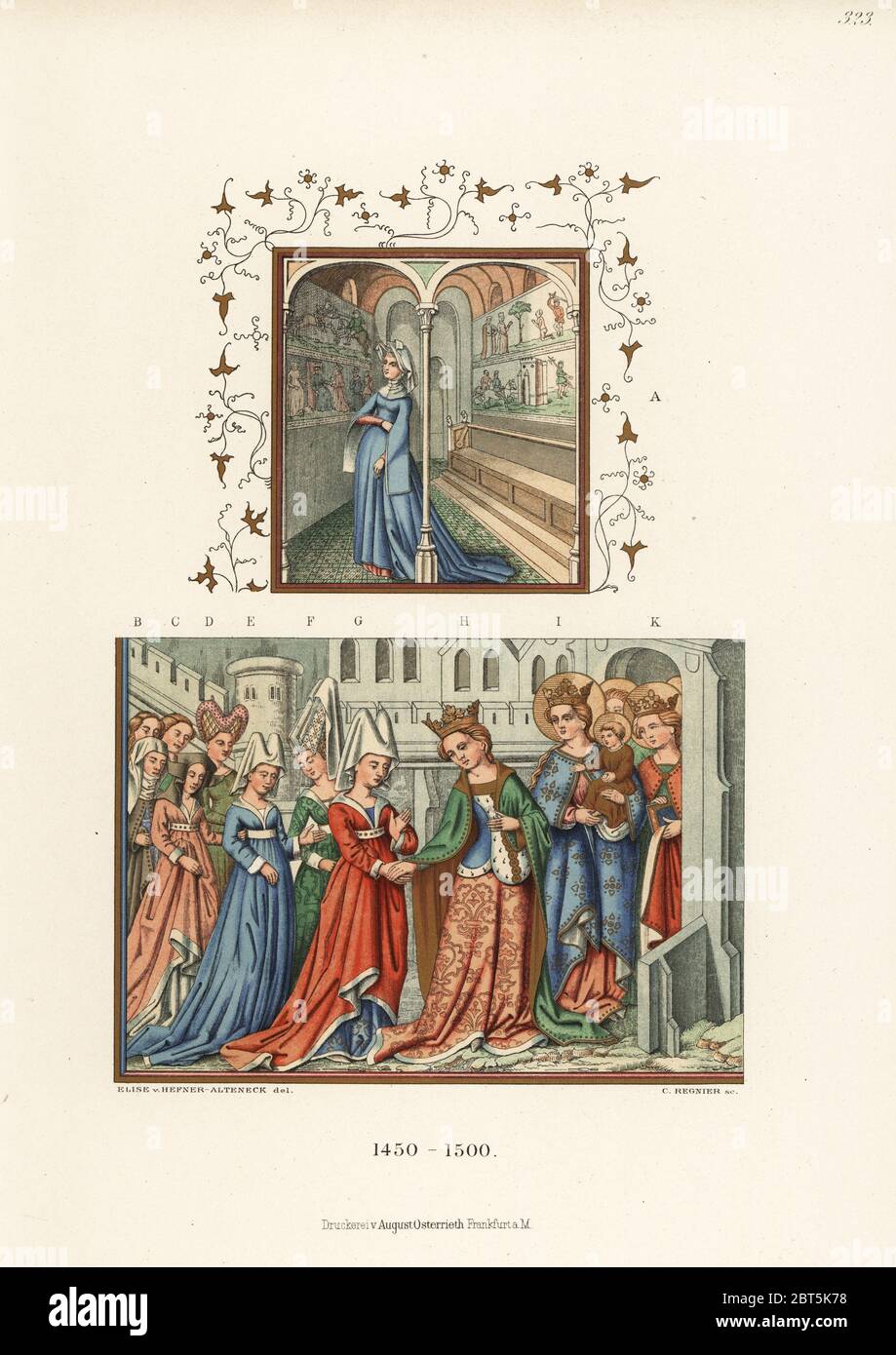 Costumes français du XVe siècle. La poétesse Christine de Pizan au sommet,  et la reine française et le noble dans les headdes hennin dirigés par la  Vierge Marie et d'autres saints en
