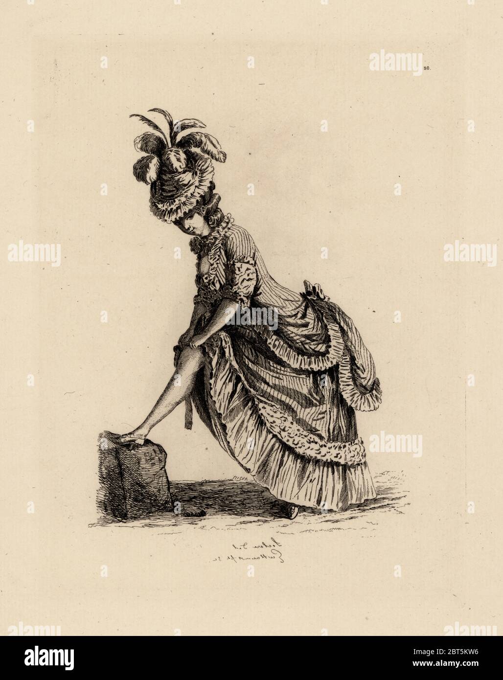 Femme en robe a la Polonaise fixant ses bas, l'époque de Marie-Antoinette.  Femme en robe à la Polonaise remettant sa jarretiere. Gravure sur cuivre  par Auguste Etienne Guillaumot de costumes et coiffures