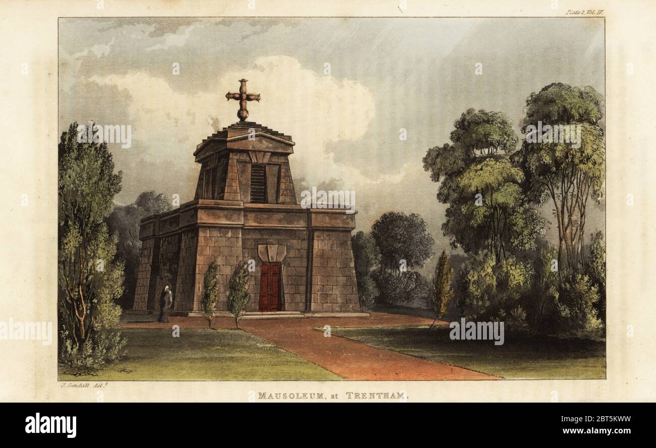 Mausolée néoclassique au Trentham Hall, siège de Granville Leveson-Gower, marquis de Stafford. Conçu par l'architecte Charles Heathcote Tatham. Gravure sur plaque de coperplate de couleur main, d'après une illustration de John Gendall de Rudolph Ackermanns Repository of Arts, Londres, 1823. Banque D'Images