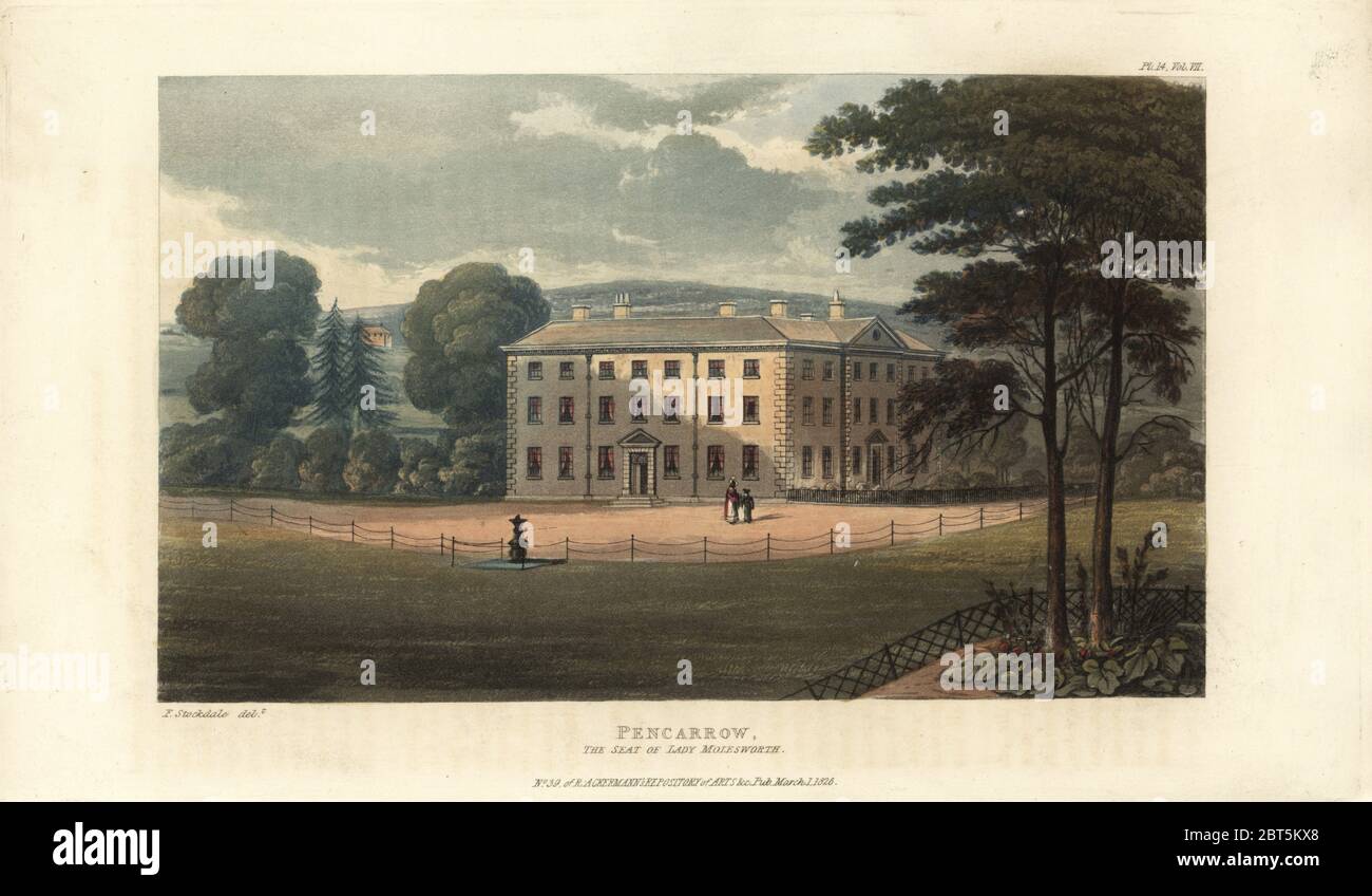 Pencenarrow House, siège de Lady Mary Molesworth. Demeure majestueuse en Cornouailles. Gravure sur plaque de coperplate de couleur main de Rudolph Ackermanns Repository of Arts, Londres, 1826. Banque D'Images