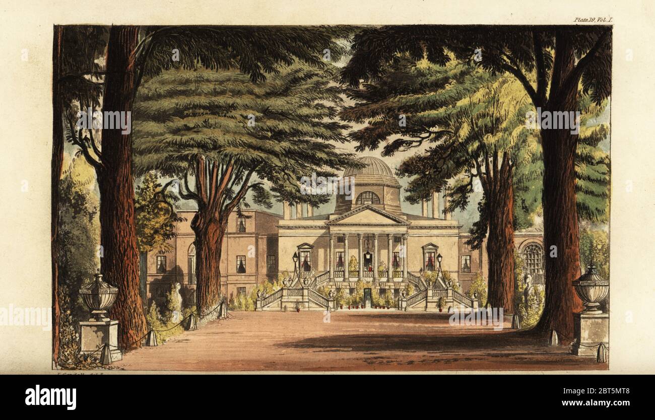 Chiswick House, villa palladienne conçue par l'architecte William Kent et construite par Richard Boyle, 3e comte de Burlington. Gravure sur plaque de coperplate de couleur main, d'après une illustration de John Gendall de Rudolph Ackermanns Repository of Arts, Londres, 1823. Banque D'Images